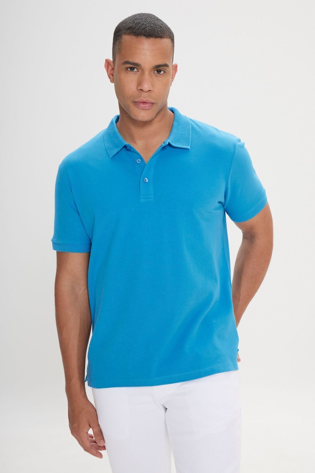 Men's turquoise 100 %cotton curved pike polo collar slim fit narrow cut t -shirt