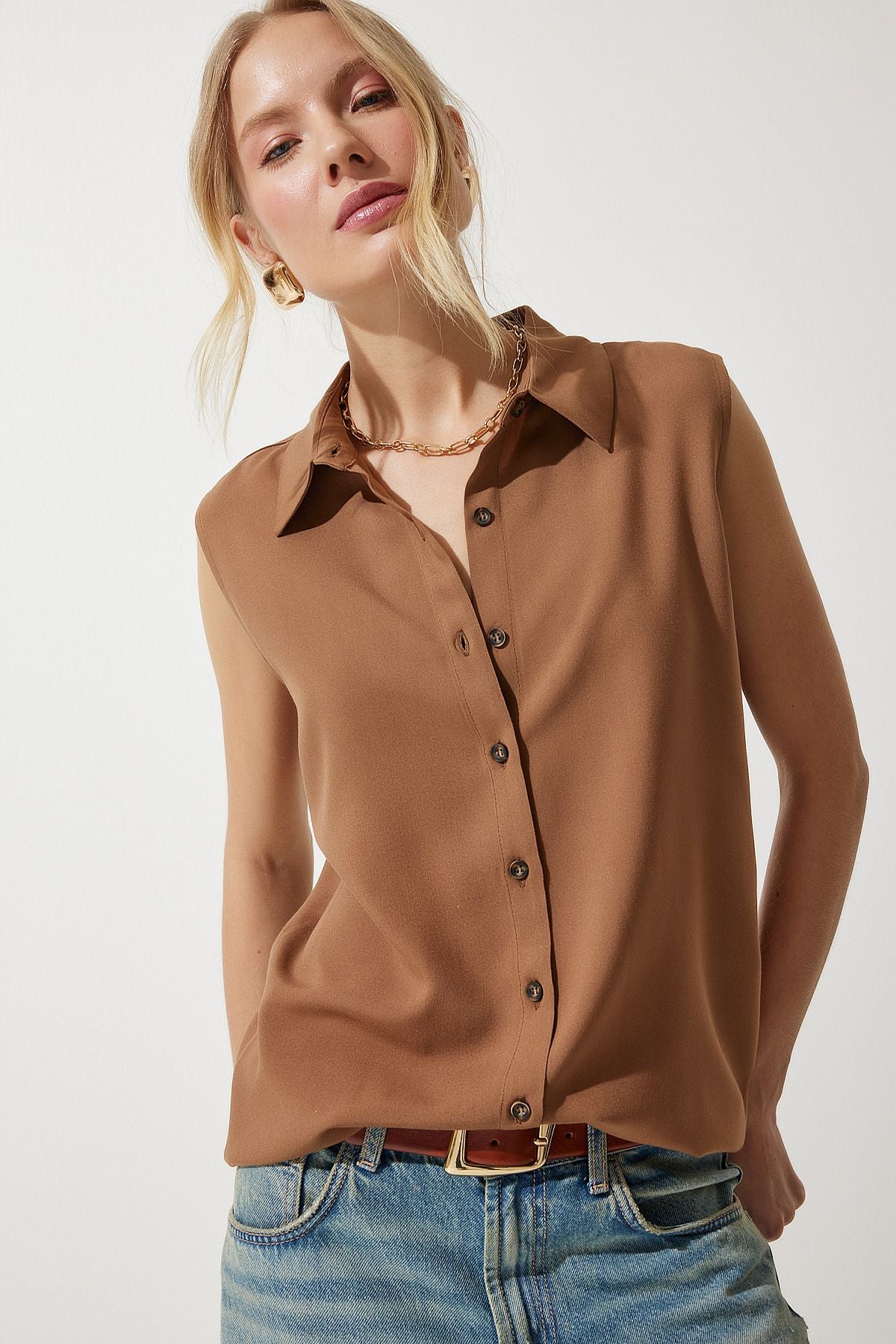 Female Middle Brown Sleeveless viscose shirt to00129