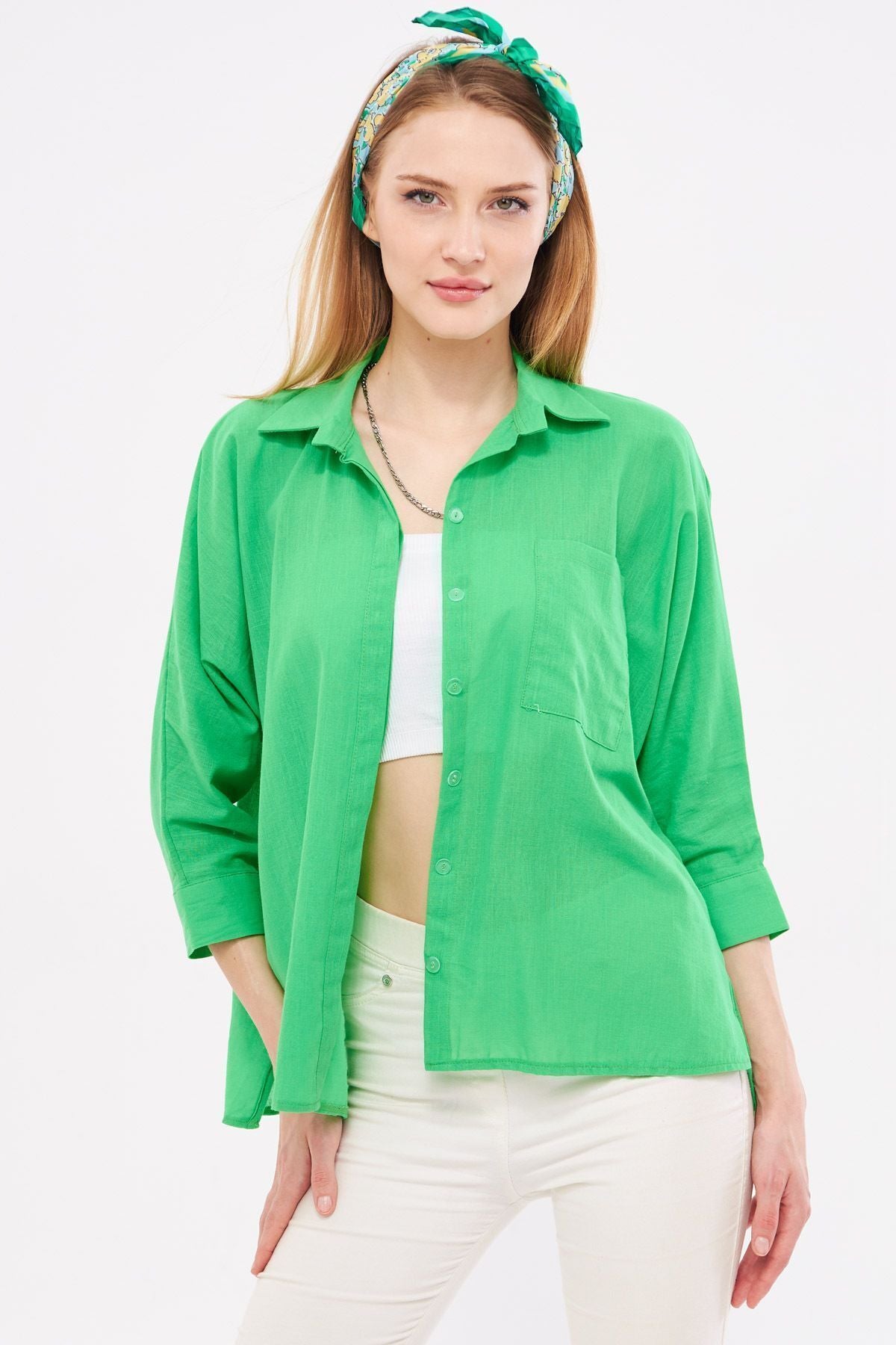 Female green pocket shabby linen shirt ARM-21Y001035