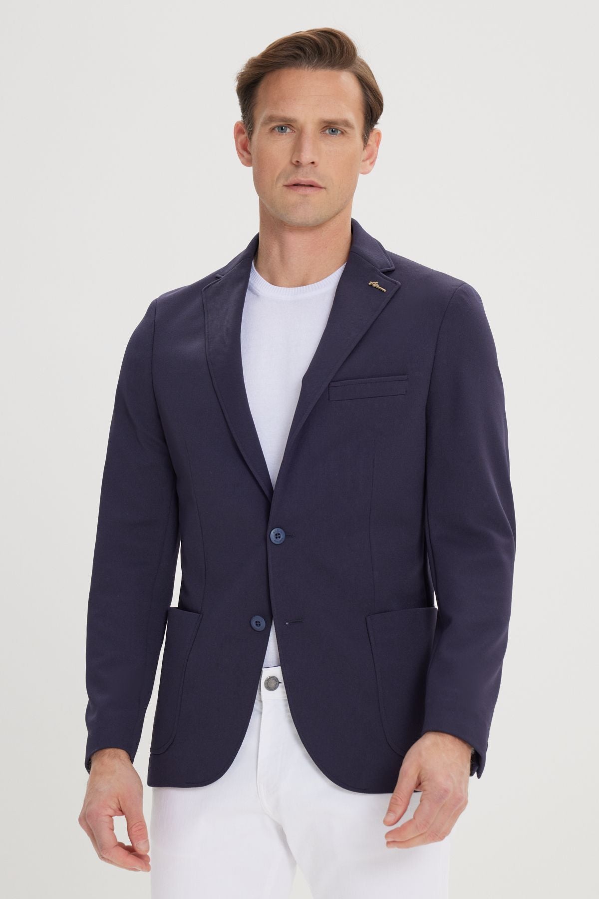 Men's navy blue slim fit narrow cut mono collar casual blazer jacket