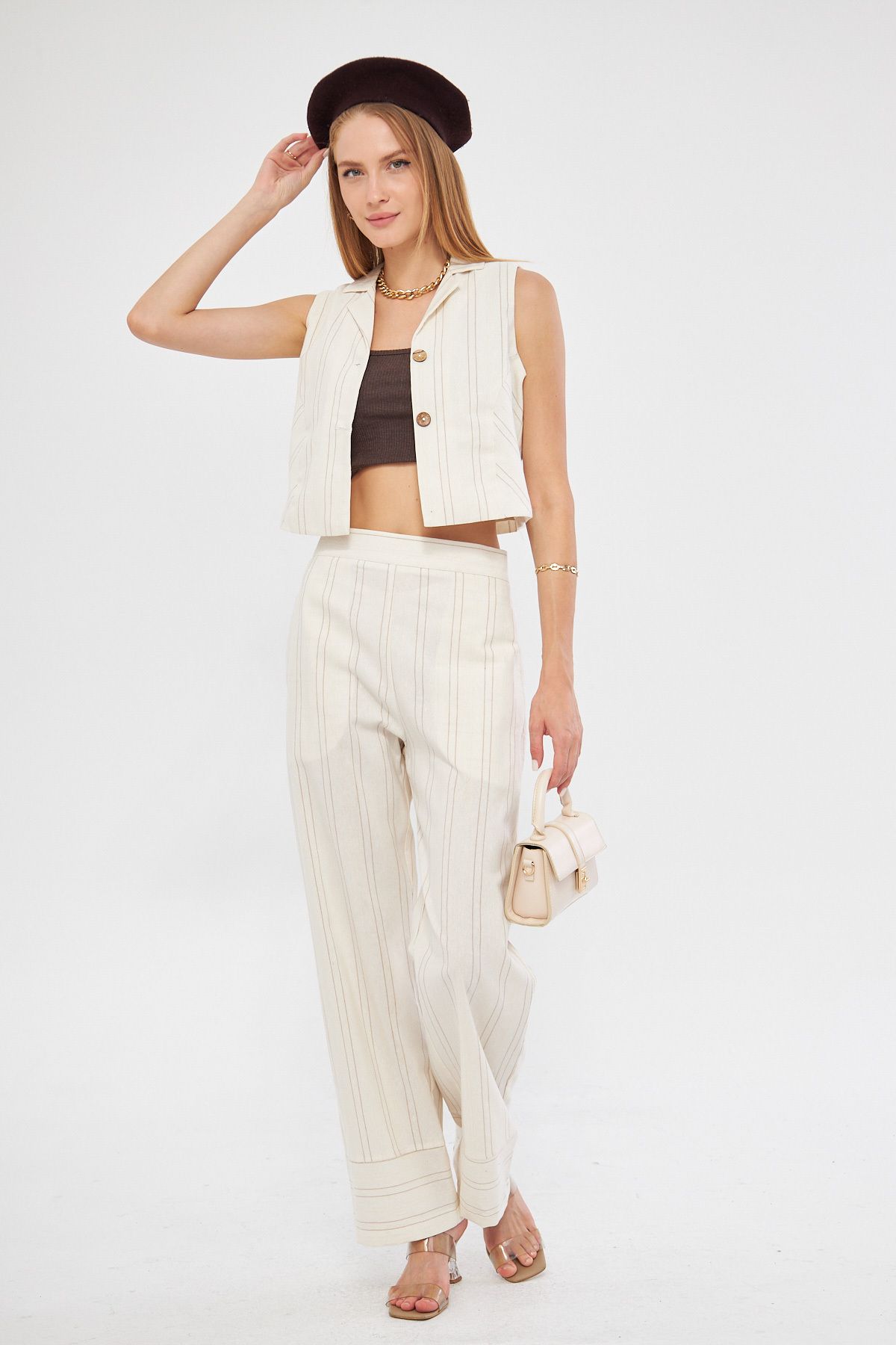 Female Beige Men's Collar Buttoned Vest Pants Binary Set ARM-24Y001114