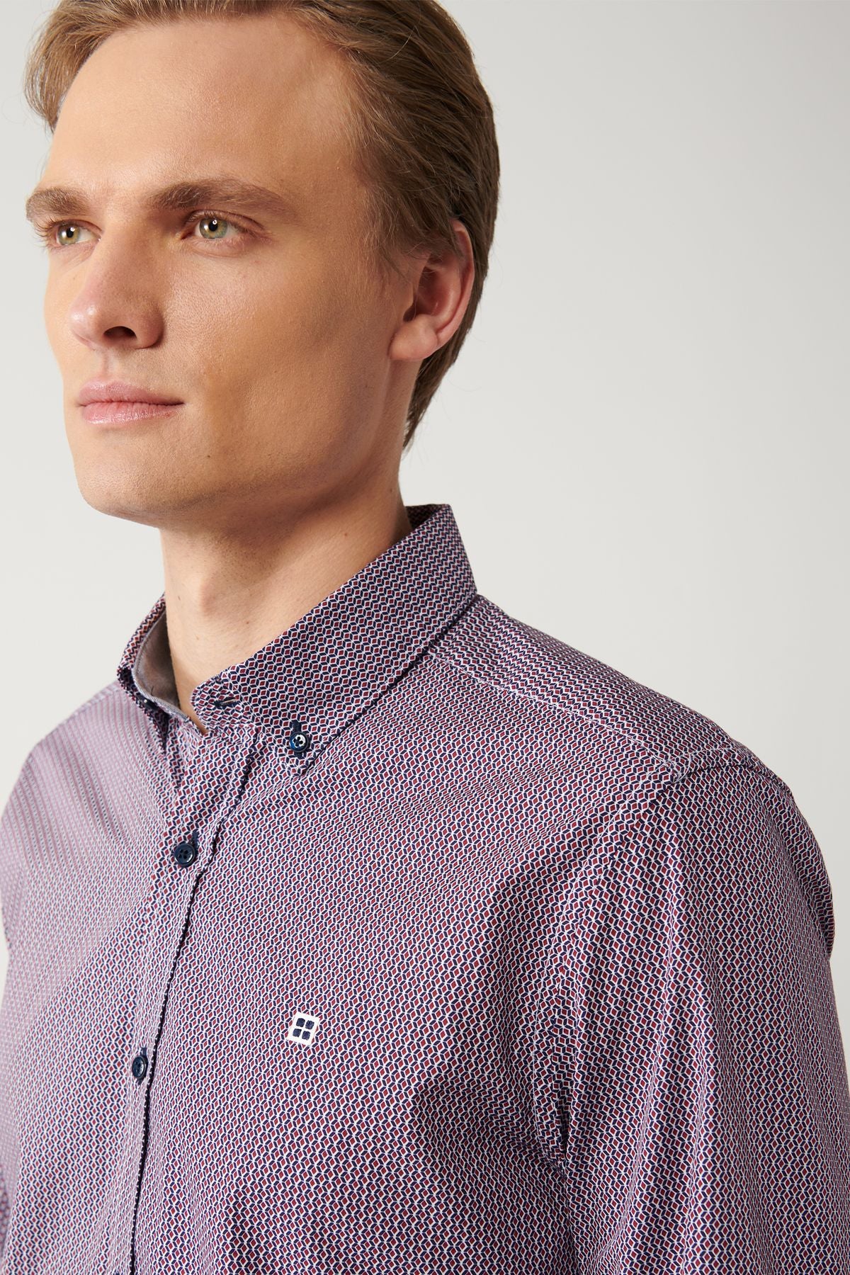 Men's Bordeaux 100 %Cotton button collar 100 %cotton patterned shirt A32Y2179