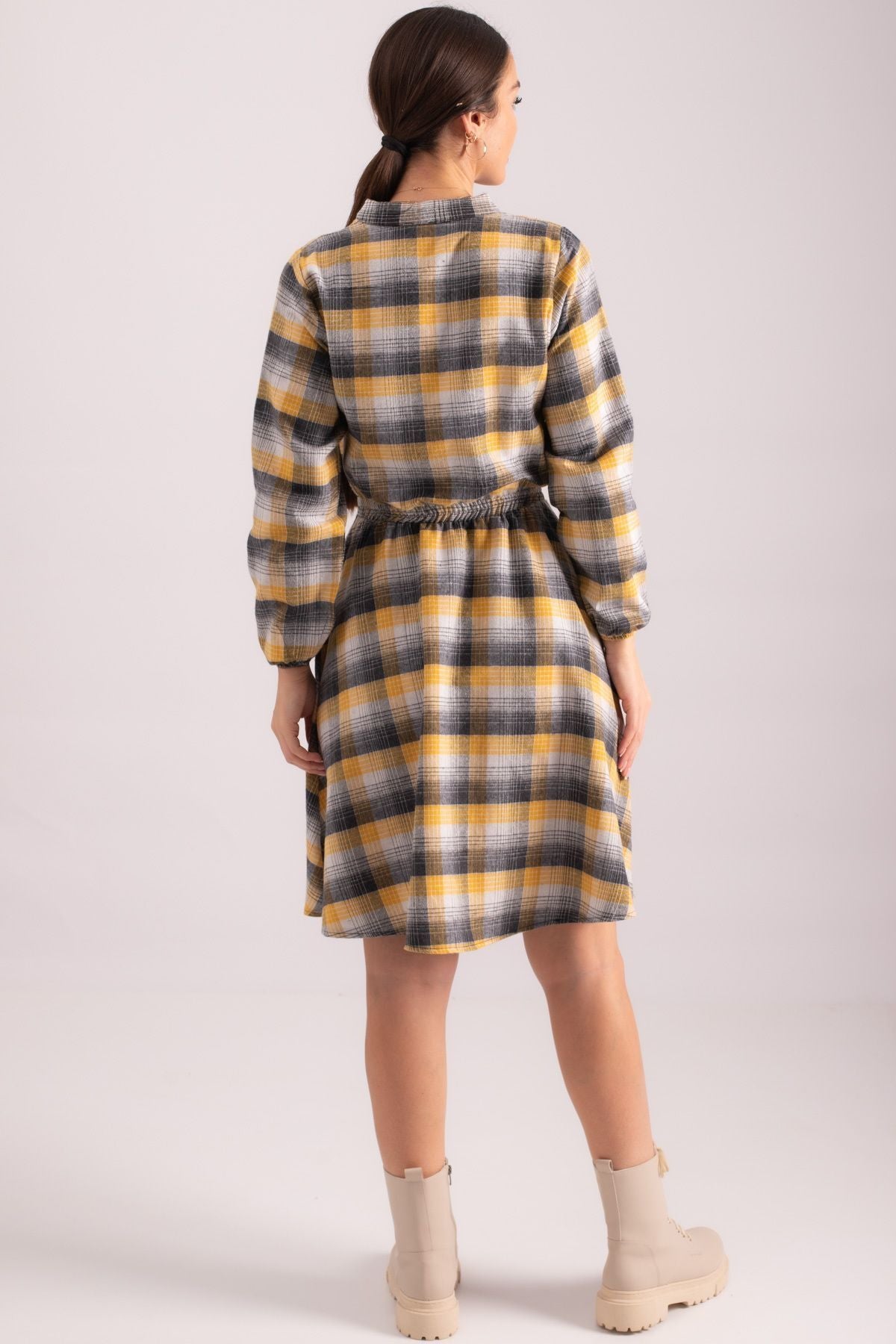 Woman Yellow V-Yaka Waist Tire Pattern Pattern Clash Dress ARM-24K001041