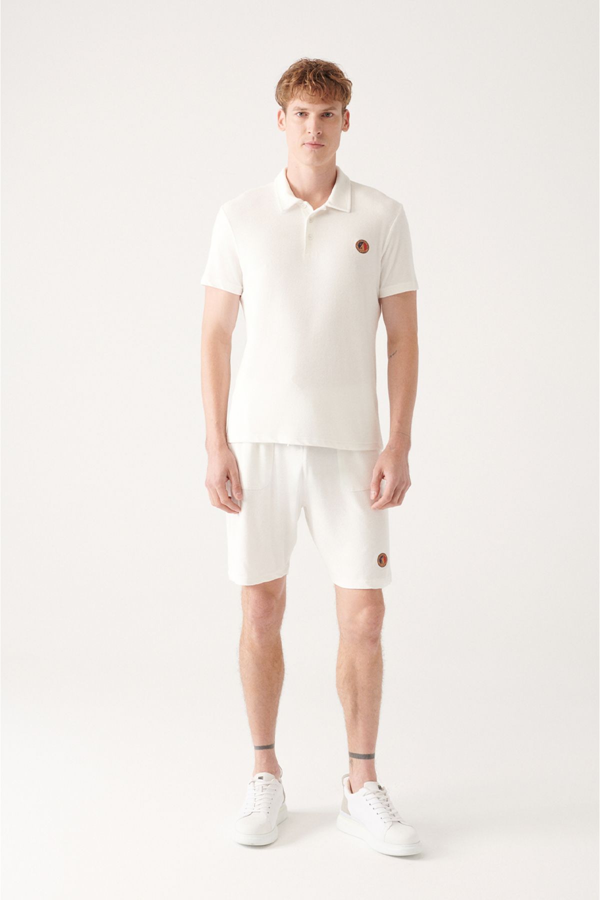 Men's White Soft Touch Towel Marine Printed Polo Yaka T-shirt A31y1033