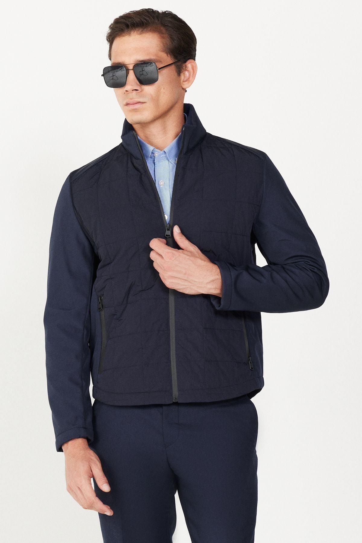 Men's navy blue standard fit normal cut upright collar pattern coat