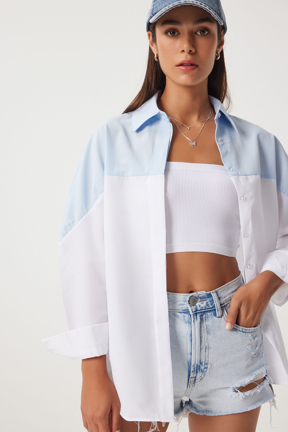 Woman Sky Blue White Block Color Boyfriend Shirt DD01306
