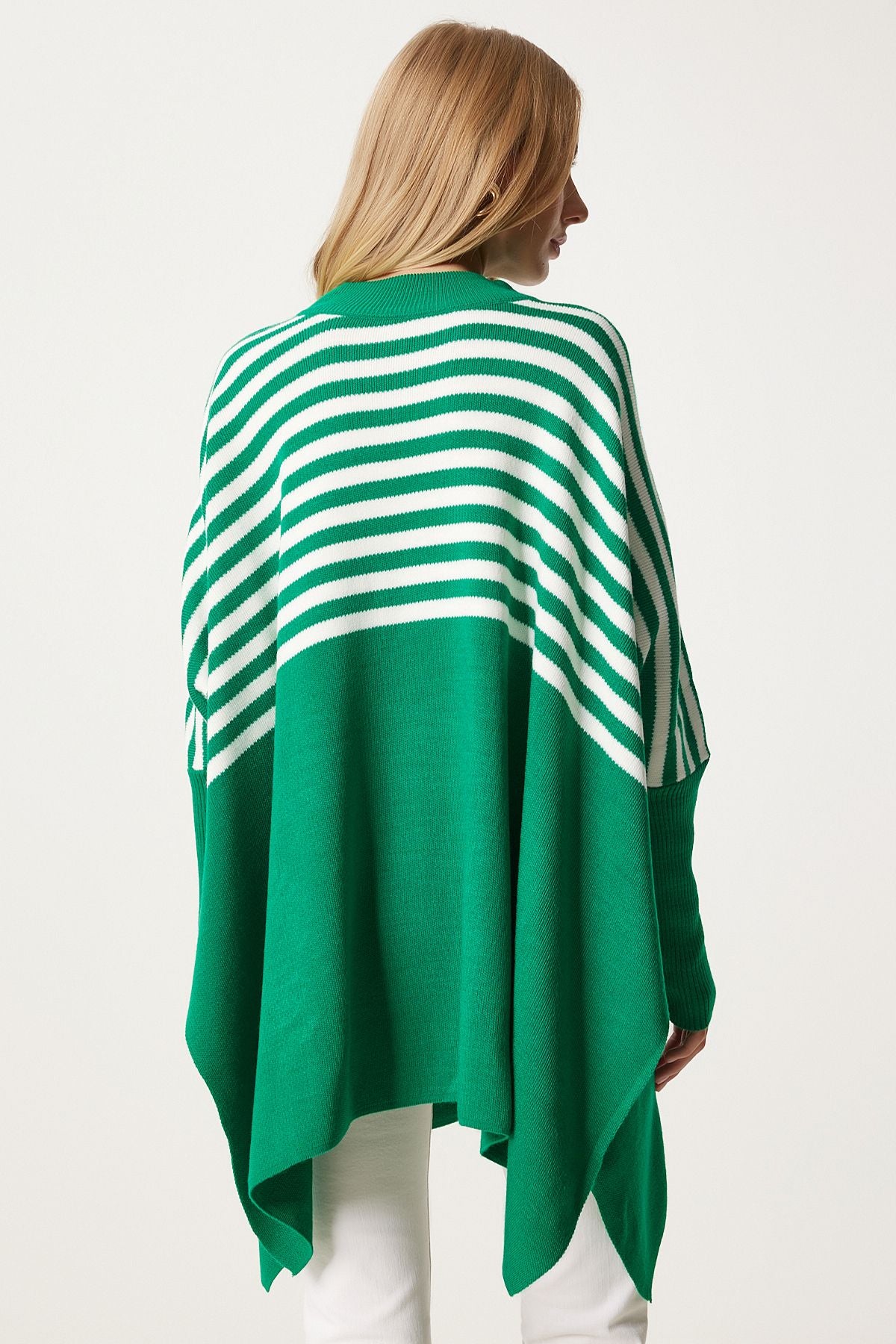 Women's Green Striped Side Slit Oversiz Pancho Sweater DD01336