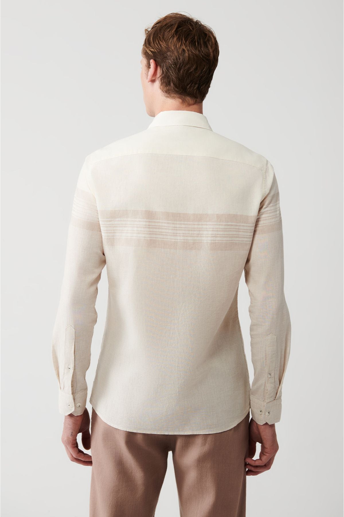 Men's beige cotton linen mixed striped shirt A31y2270