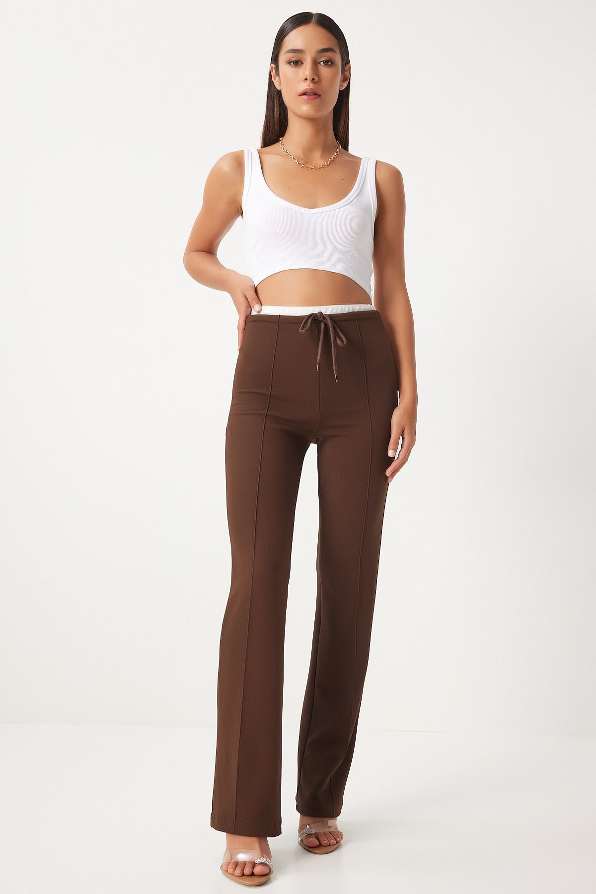 Female Brown Binding Detailed Knitting Pants RV00157