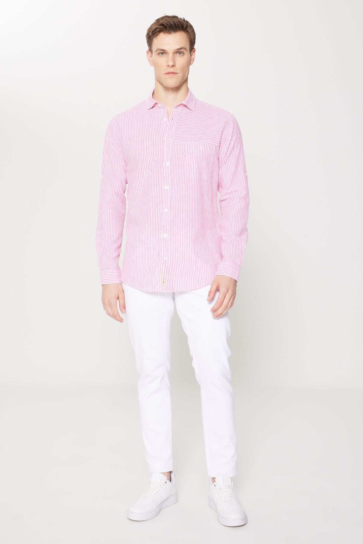 Male Coral-White Linen Comfort Fit Casual Cut Classic Collar Striped Shirt