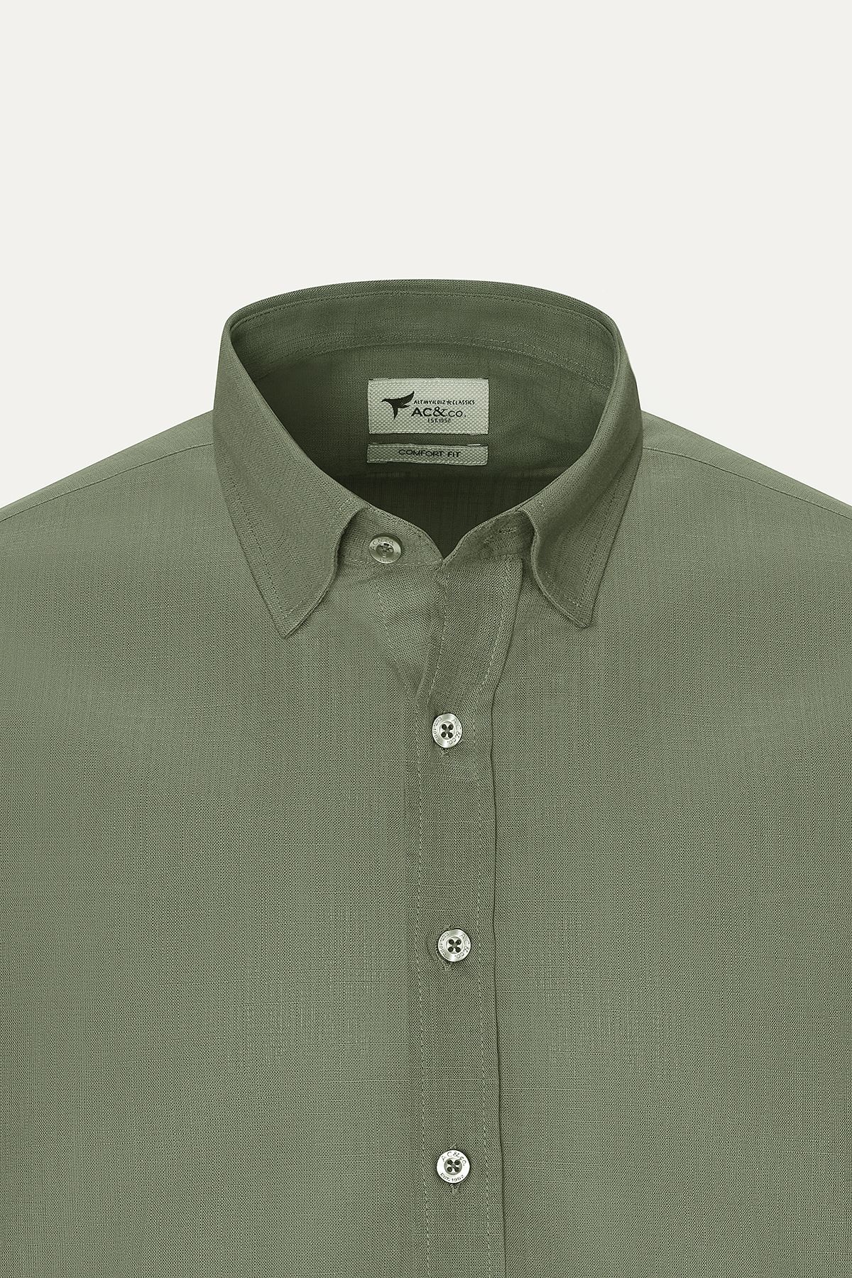 Men's Khaki Comfort Fit Casual Cut Hidden button collar 100 %cotton pennant shirt
