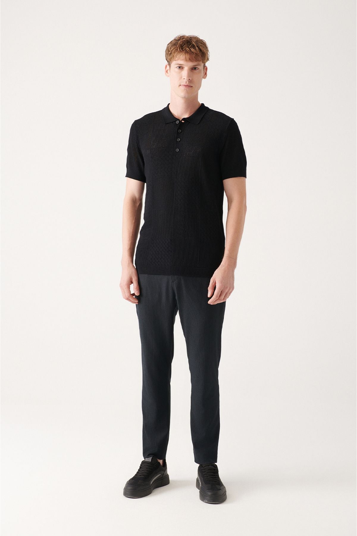 Men's Black Cotton Outpain Patterned Polo Yaka Triko T-Shirt A31Y5031