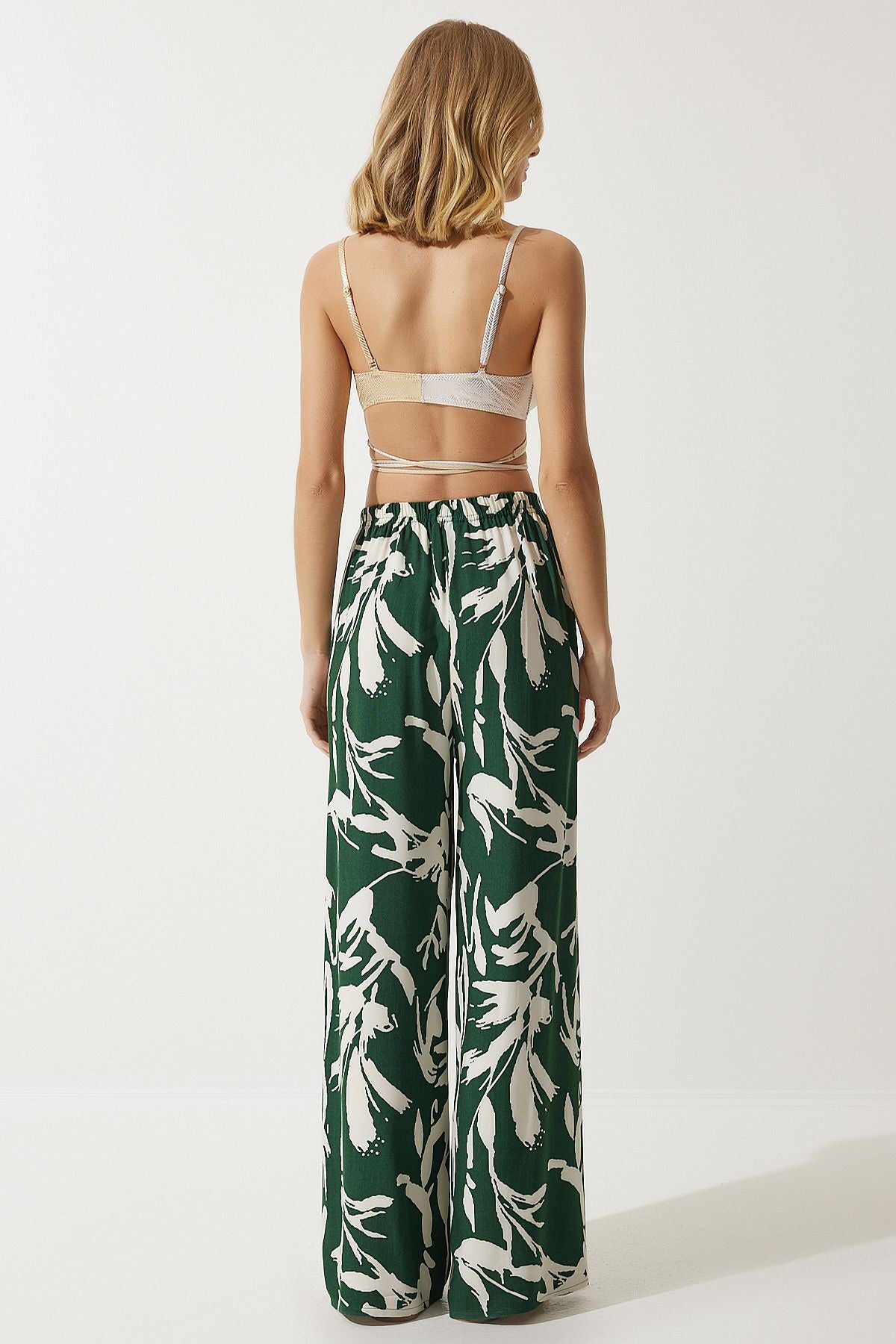 Women's Green Patterned Kimono Palazzo Pants Set EN00614