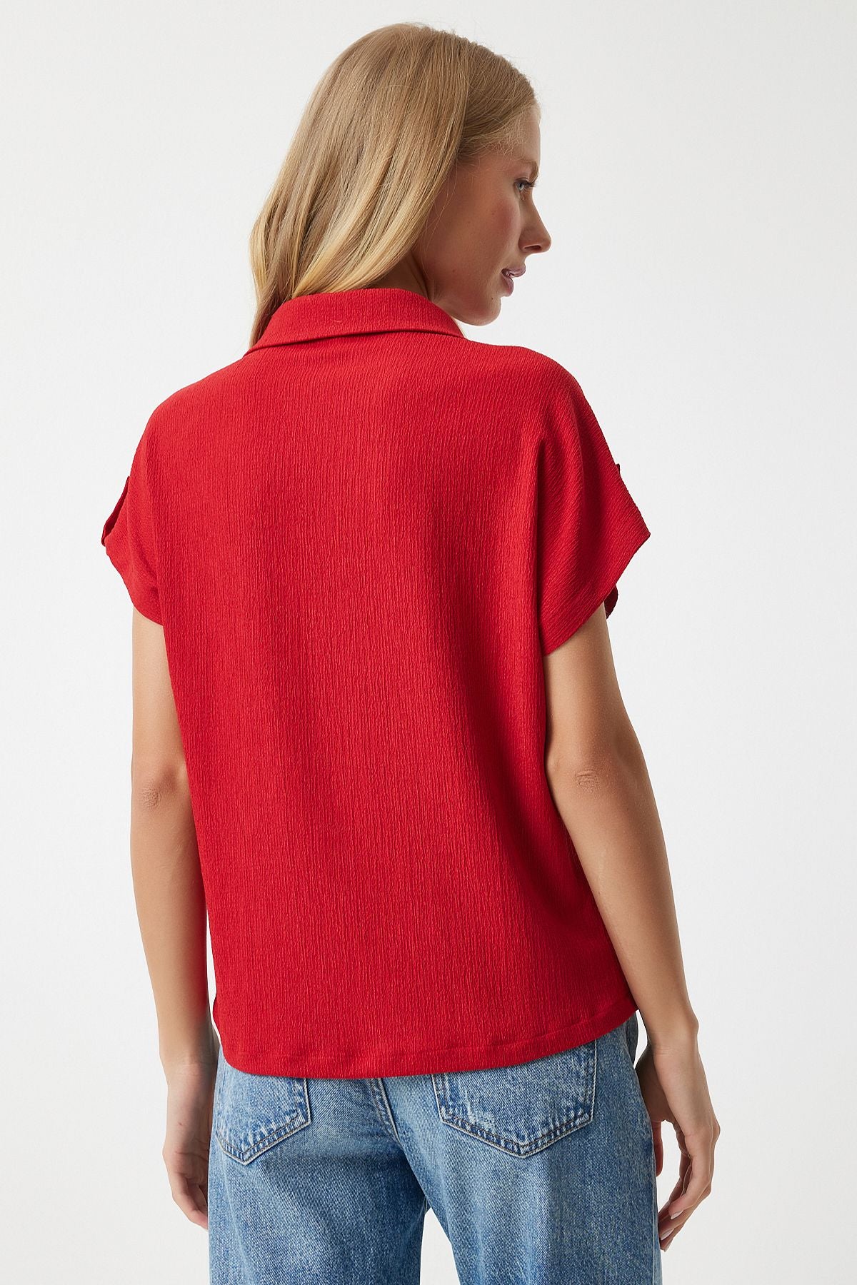 Female Red Pocket Casual Knitting Shirt DD01325