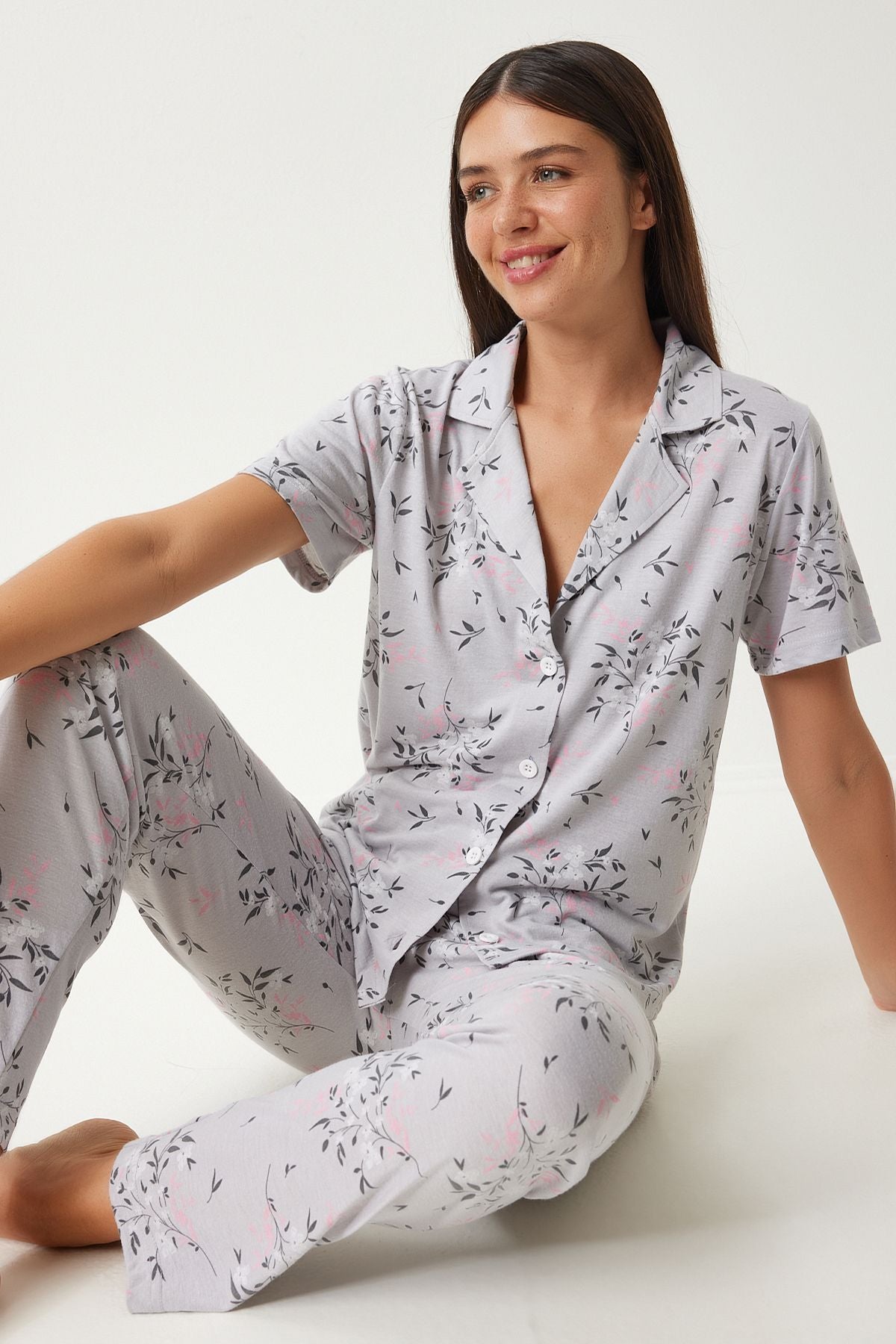 Female Gray Patterned Shirt Pants Pajama Set EC00043