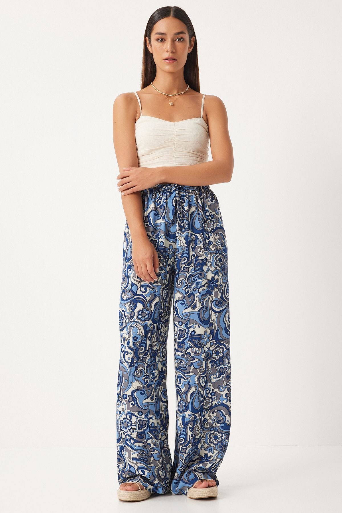 Woman Indigo Blue Patterned Visiscone Palazzo Pants EN00606