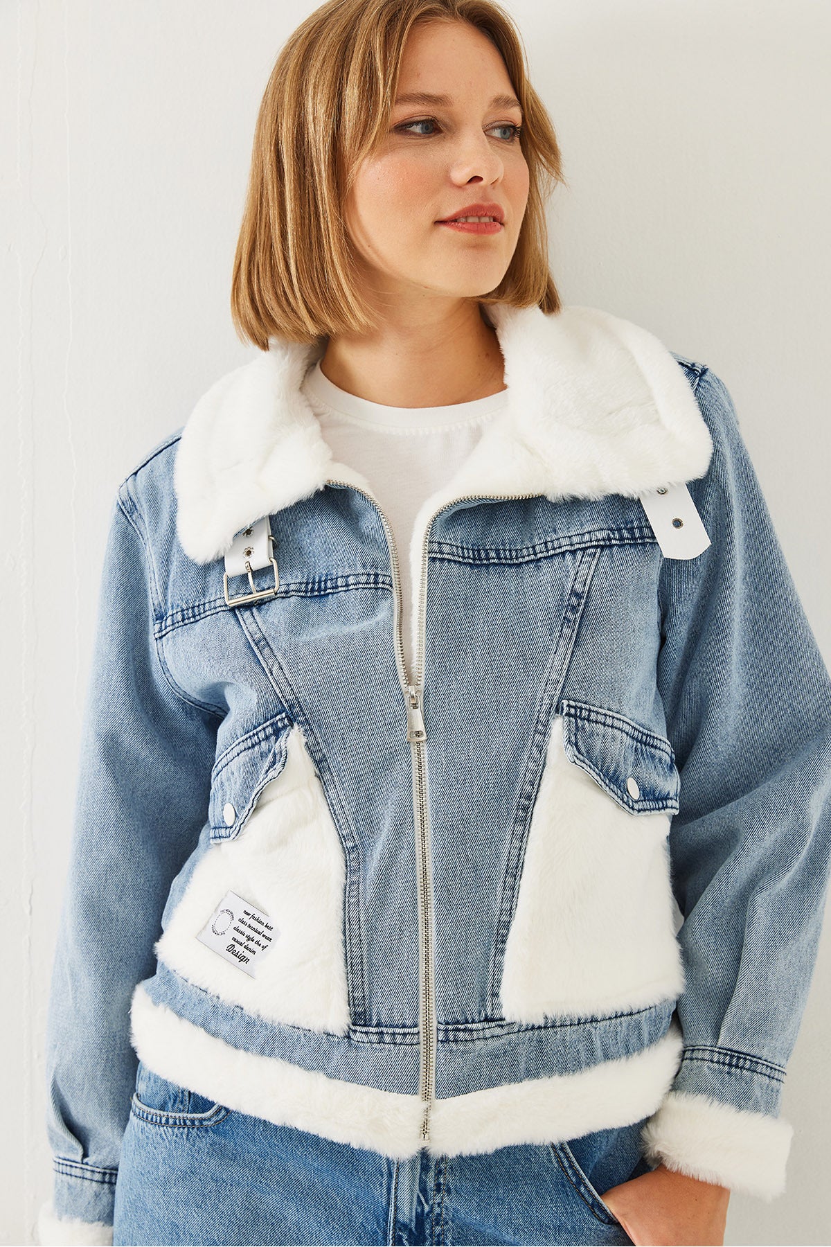 Women's Belt Detailed Furry Denim Coat 2438 60251947