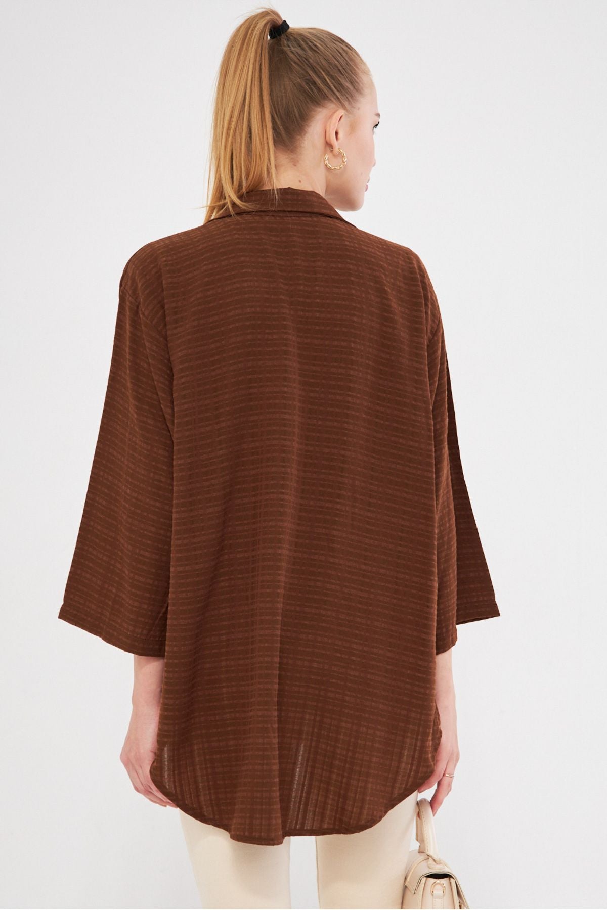 Women's coffee shirt collar front with the front Kimono shirt ARM-25K001006