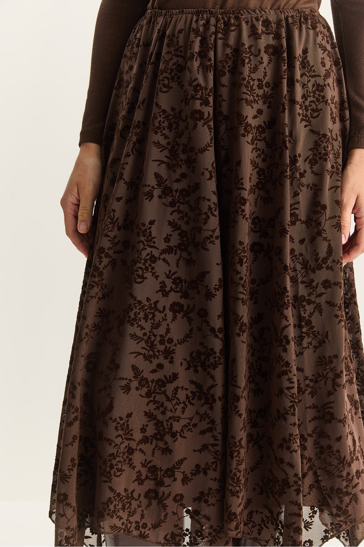 Women's Velvet Patterned Lined Asymmetrical Cut Midi Skirt with Elastic Waist DE251125 60283880