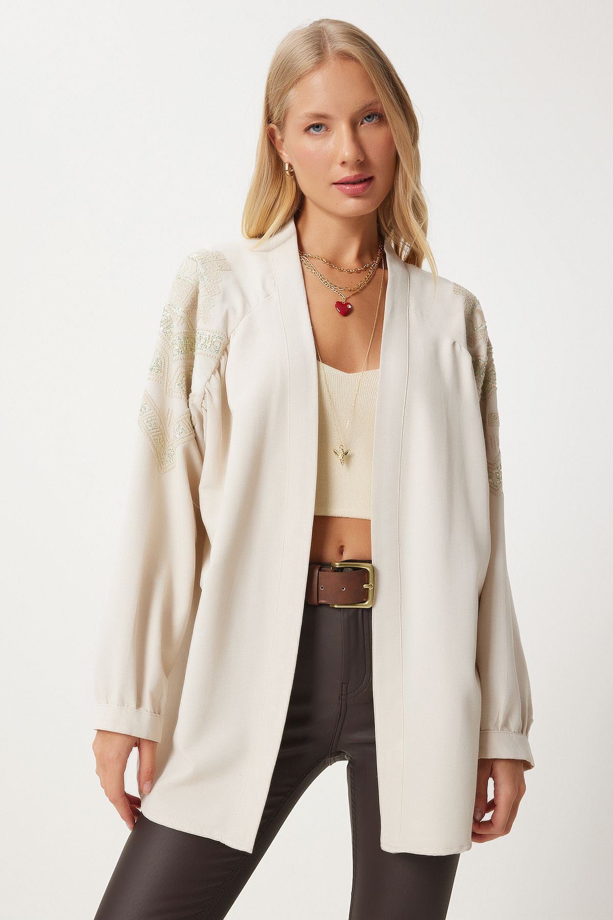 Women's Cream Beige Embroidered Kimono de00035