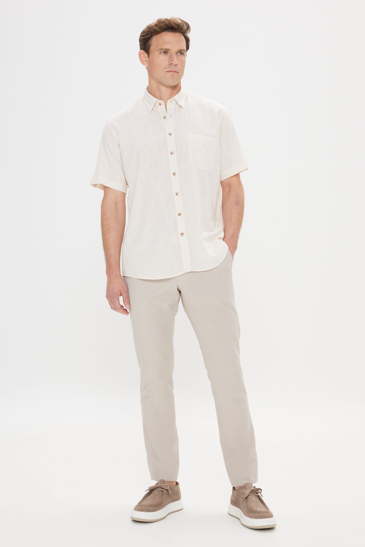 Men's Beige Comfort Fit Casual Cutting Buttoned Neck Linen Looking 100 %Cotton Planned Short Sleeve Shirt