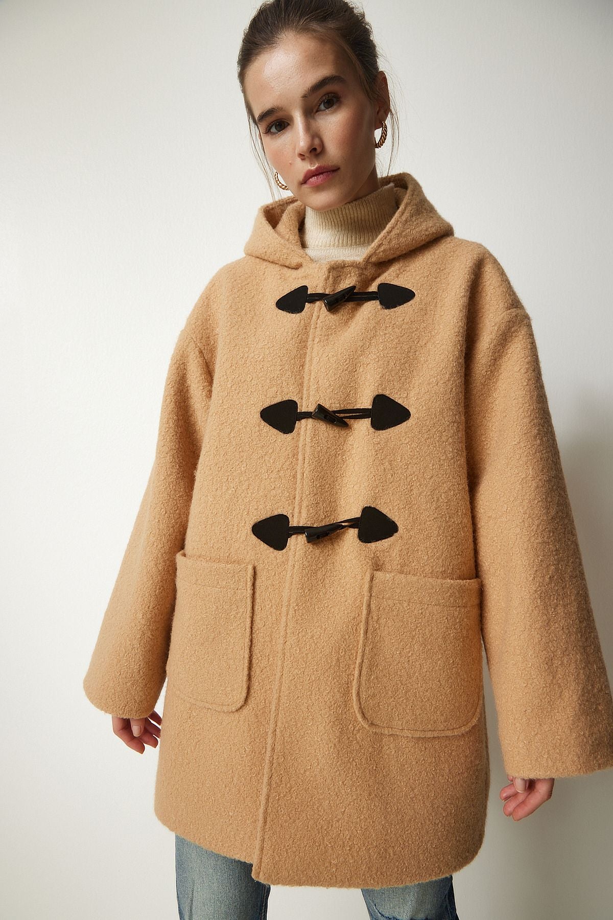 Female Biscuit Shepherd Buttoned Hooded Bouquet Coat to00117