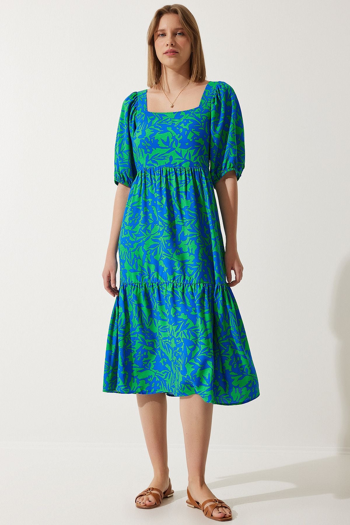 Woman Blue Green Square Balloon Sleeve viscose dress CI00107