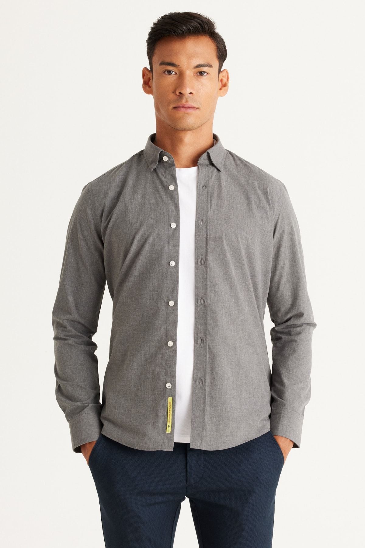 Men's gray slim fit narrow cut hidden button collar shirt