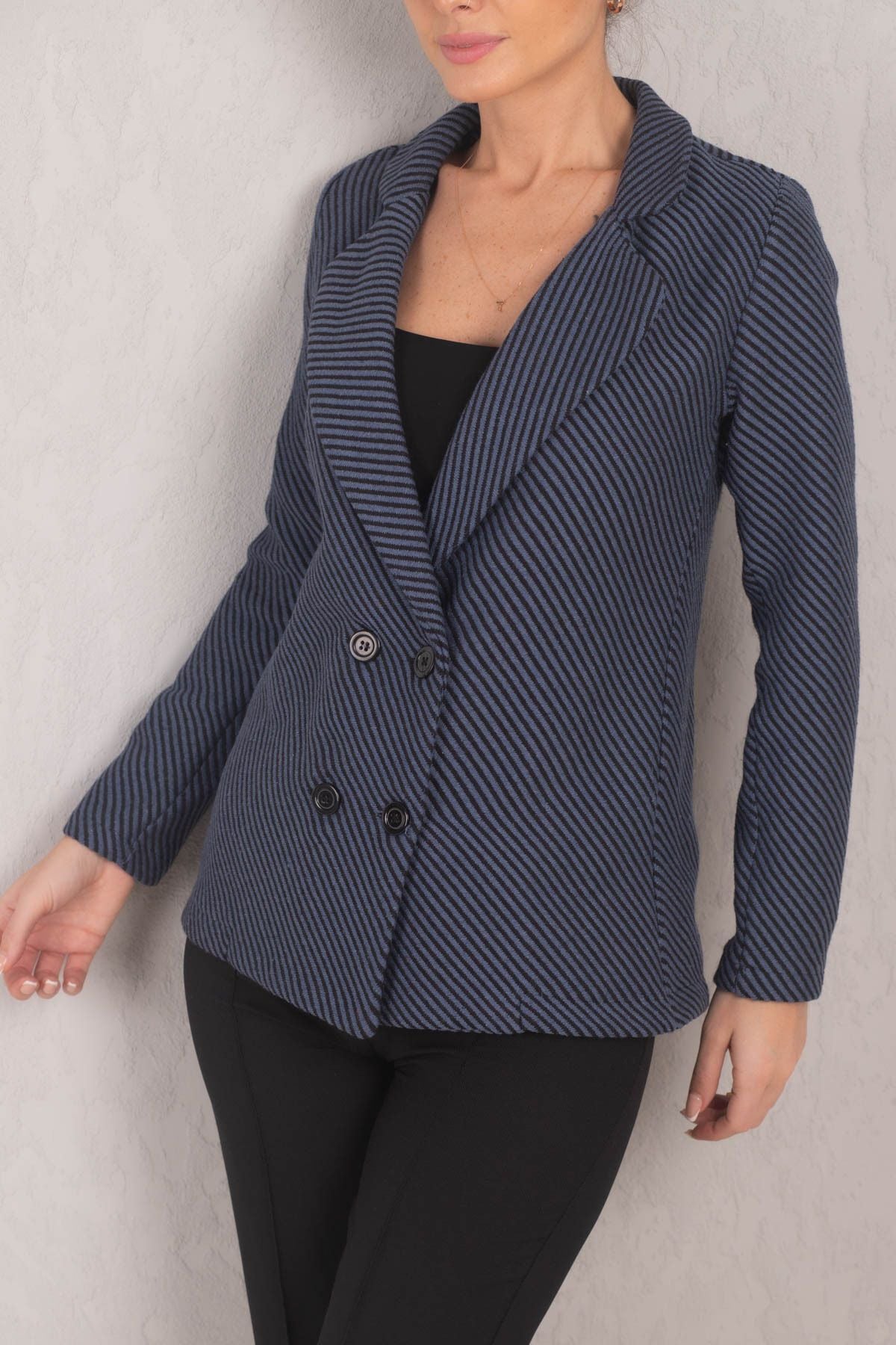 Woman Dark Blue Line Patterned Four button stamp jacket ARM-24K001037