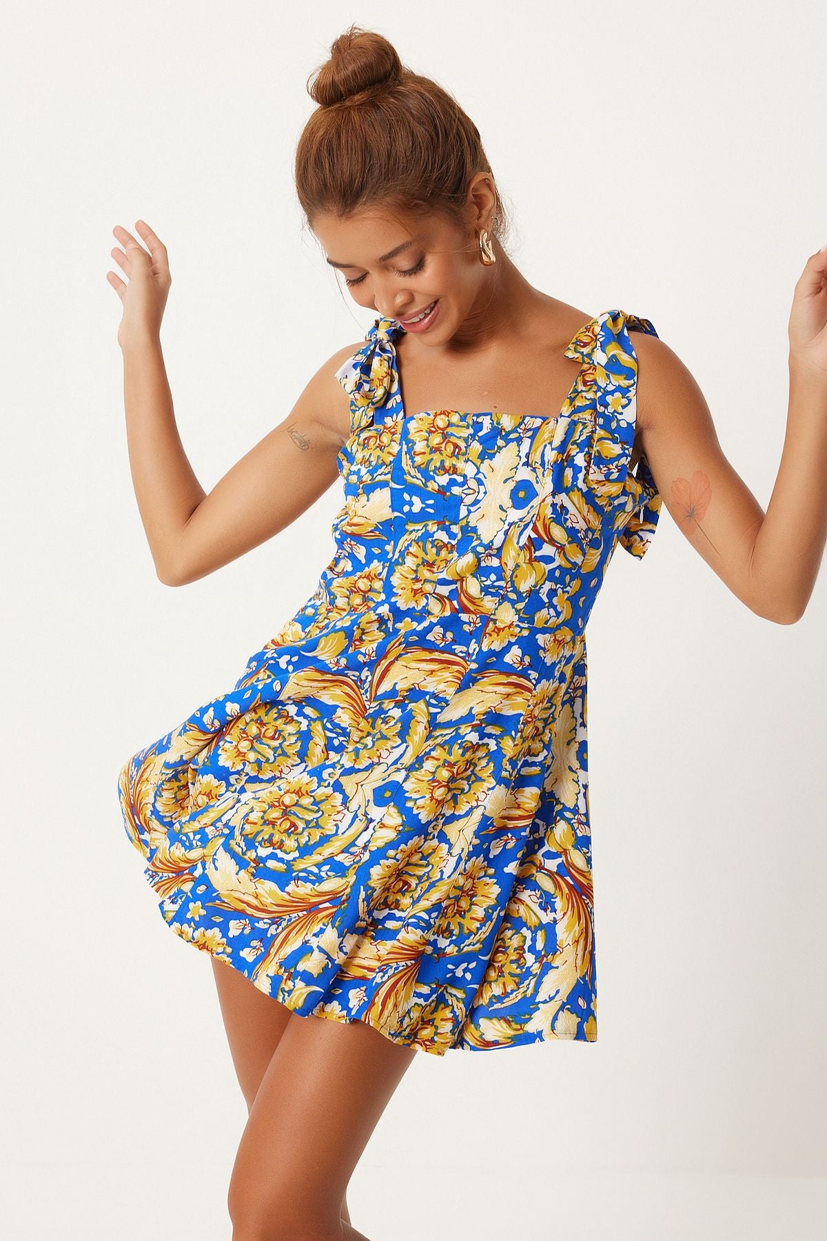 Female Blue Yellow Thick Standed Summer Mini Viscose Dress FN03238