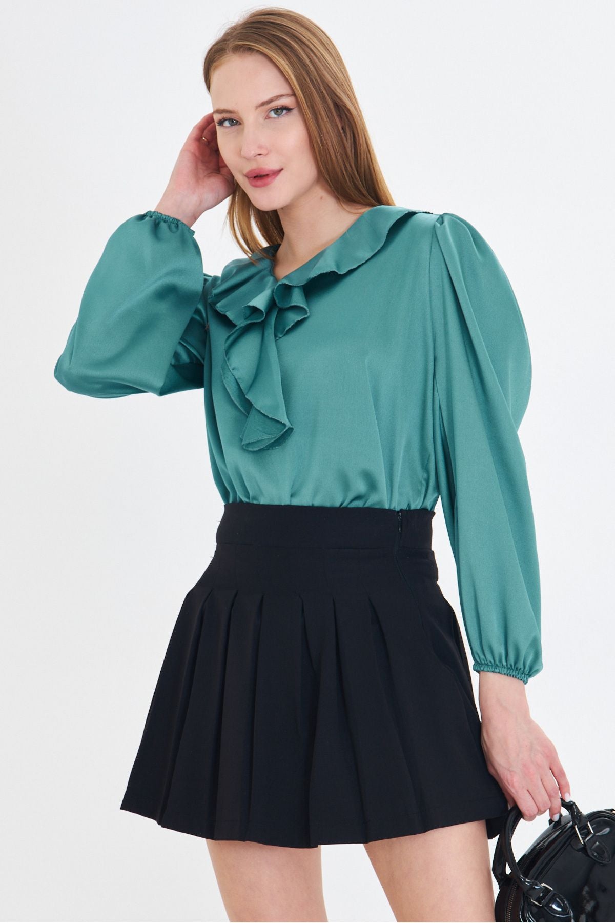 Female turquoise collar frilled shoulder shirred arm rubber Satin blouse ARM-22K001059