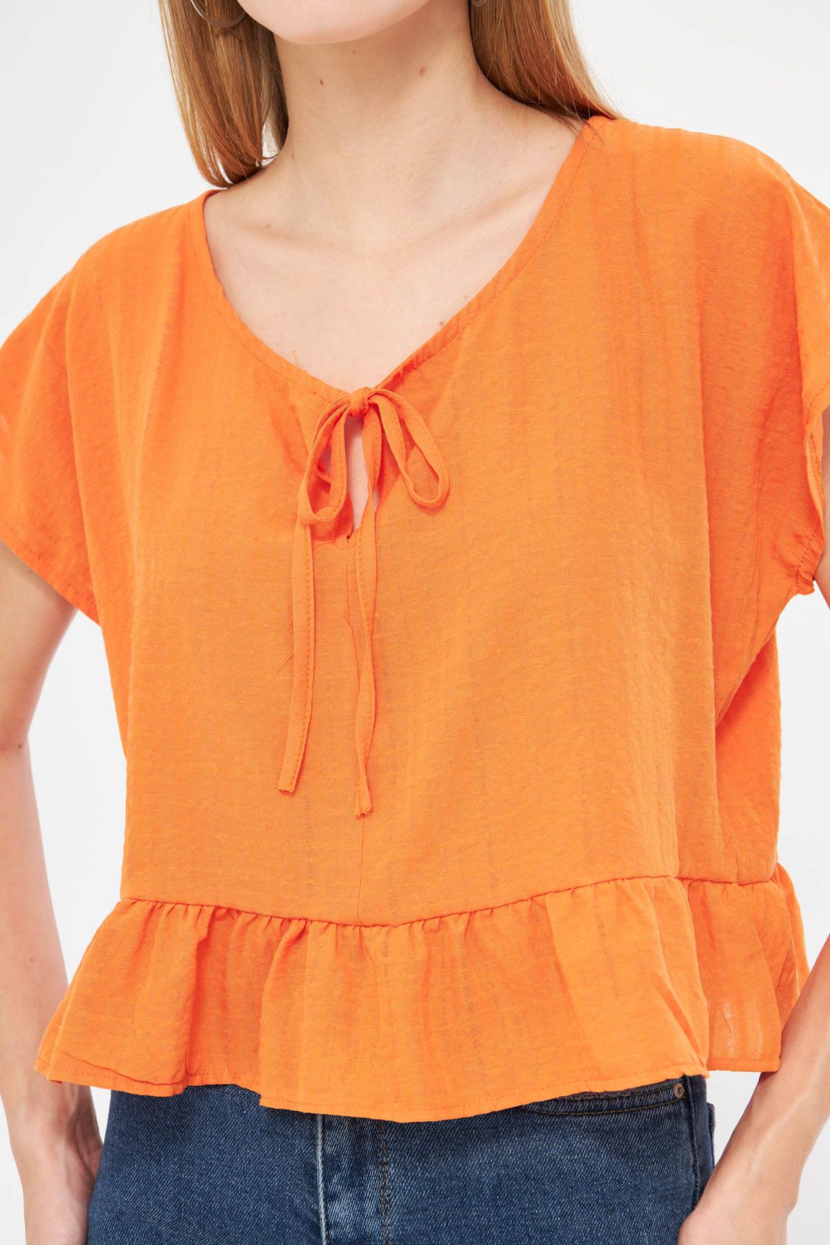 Women Orange Bat Arm collar connecting skirt frilly overwheeling Crop blouse ARM-24Y001088