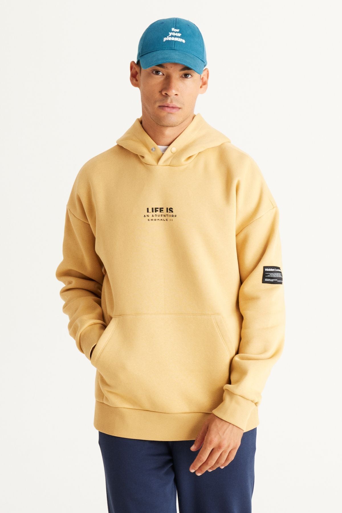 Men's mustard oversize fit plenty of cuts hooded polar with 3 -IP cotton sweatshirt