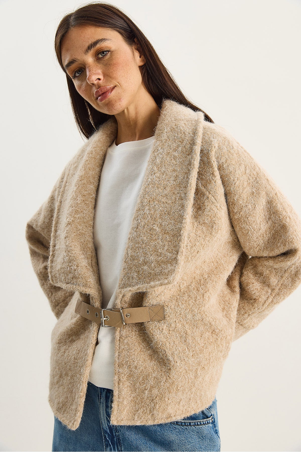 Women's Belted Lined Felt Jacket Coat 2062 60283746