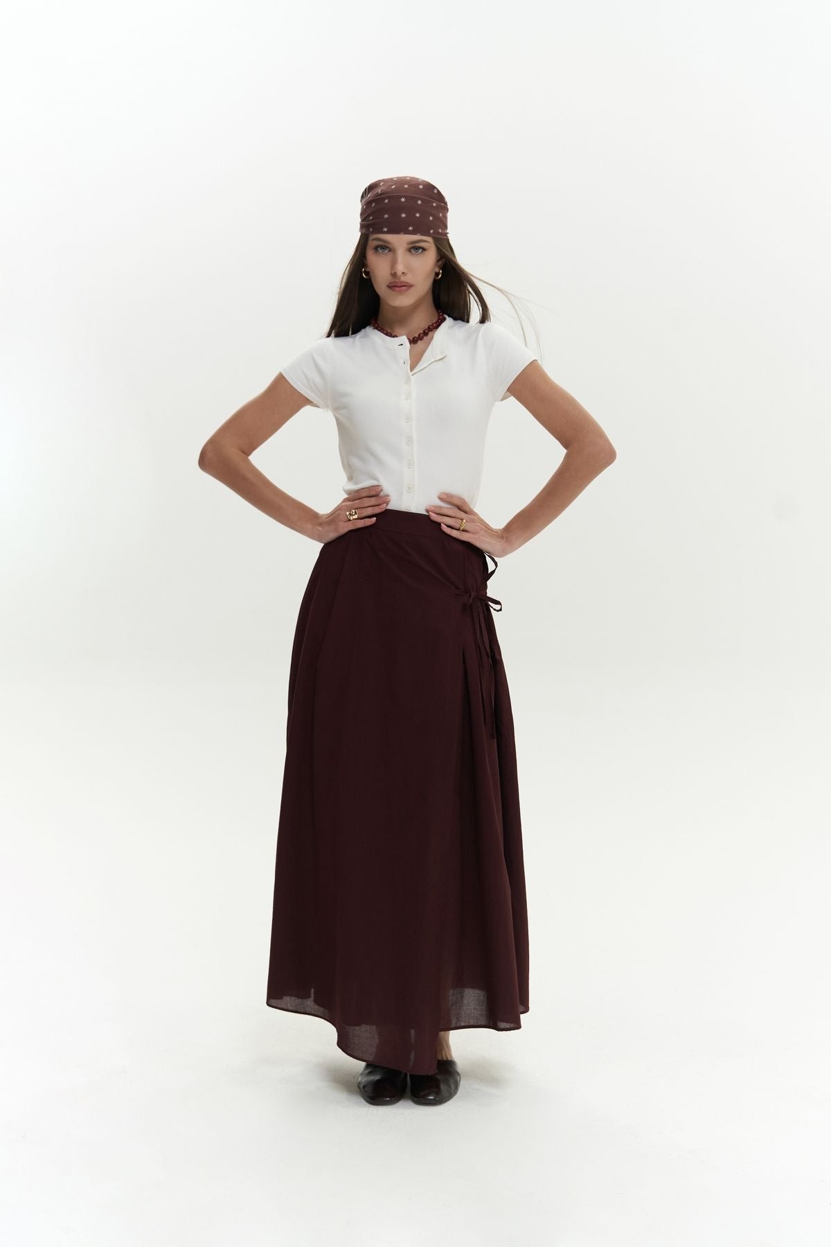 Aida rope detail pleated burgundy skirt