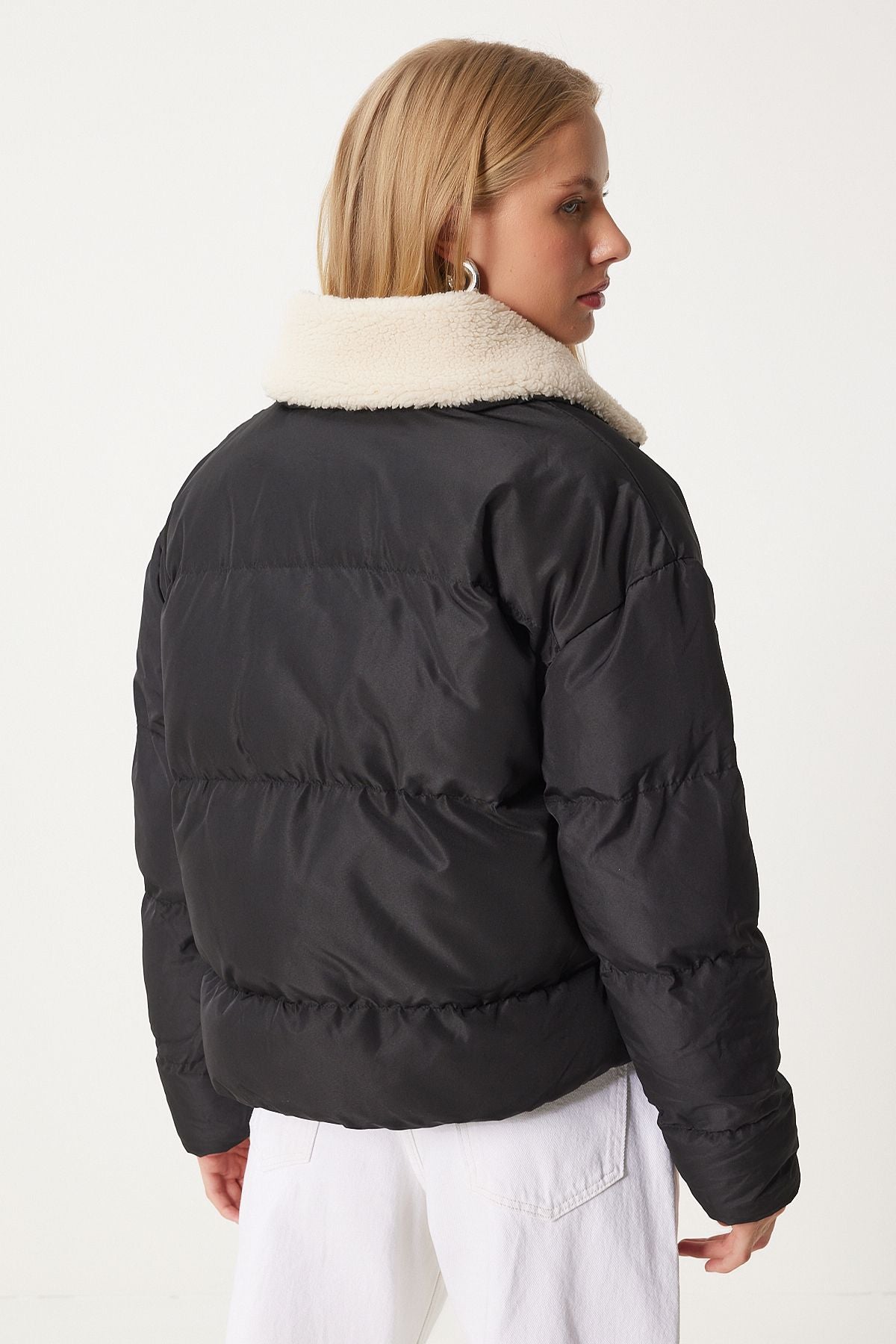 Female black plush detailed inflatable coat nt00431