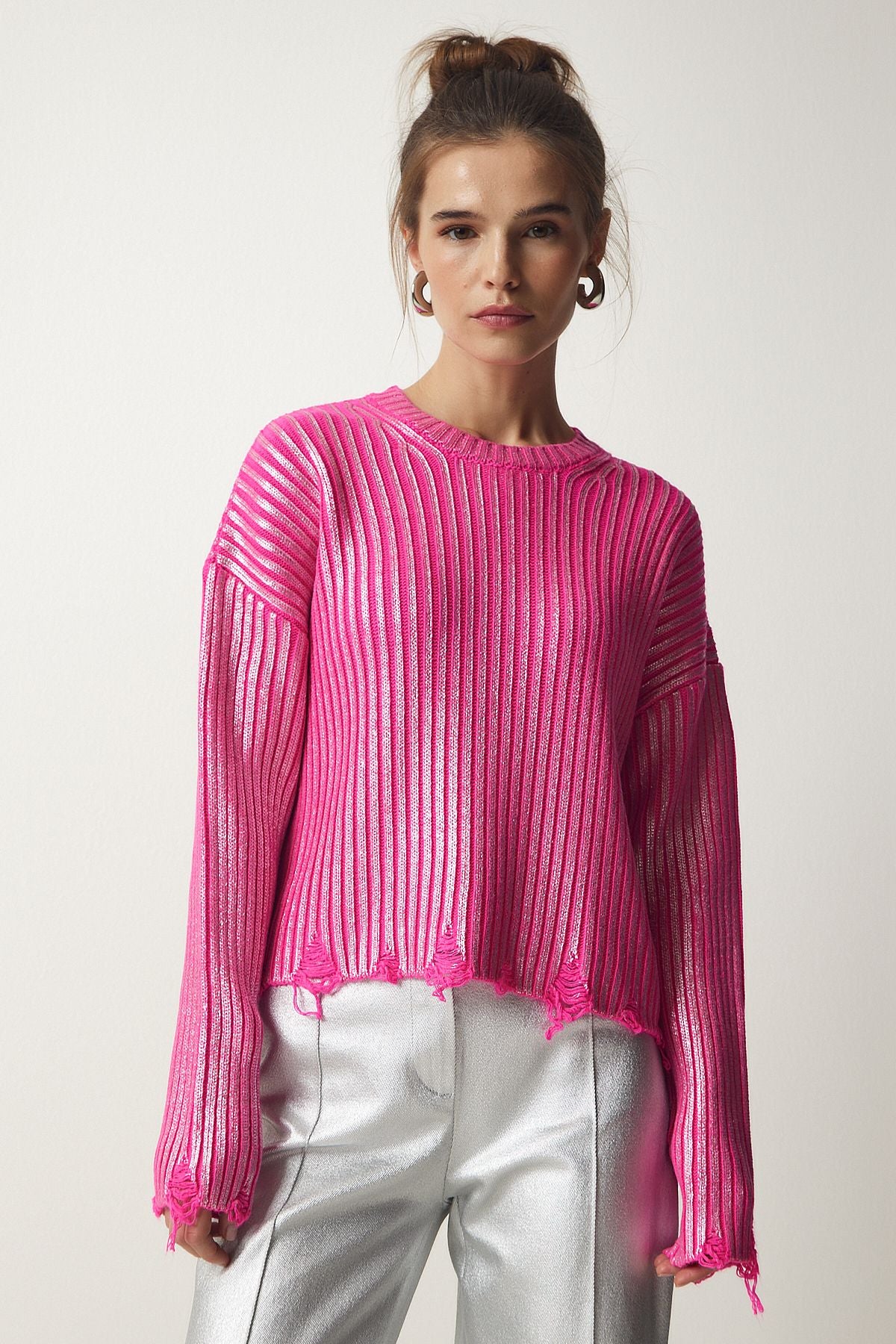 Woman Pink Torn Detailed Bright Knitwear Sweater PF00021