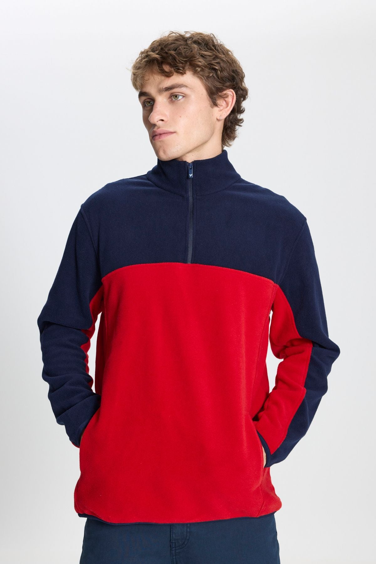 Men's navy blue-red standard fit Normal cut daily comfortable double color polar sports sweatshirt