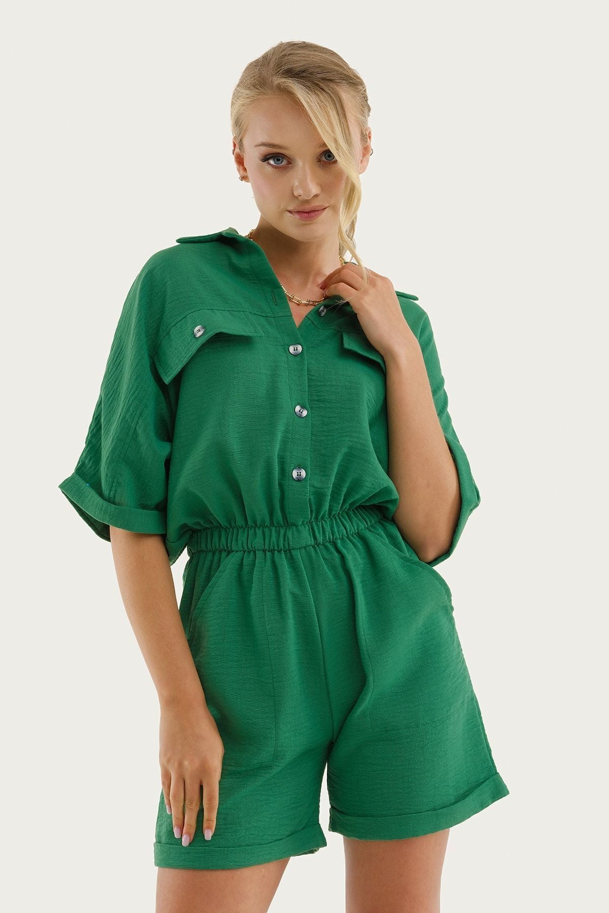 WOMEN'S GREEN BY ARM POCKET Waist Waist Wales Jumpsuit with Tulum Arm-23y001075