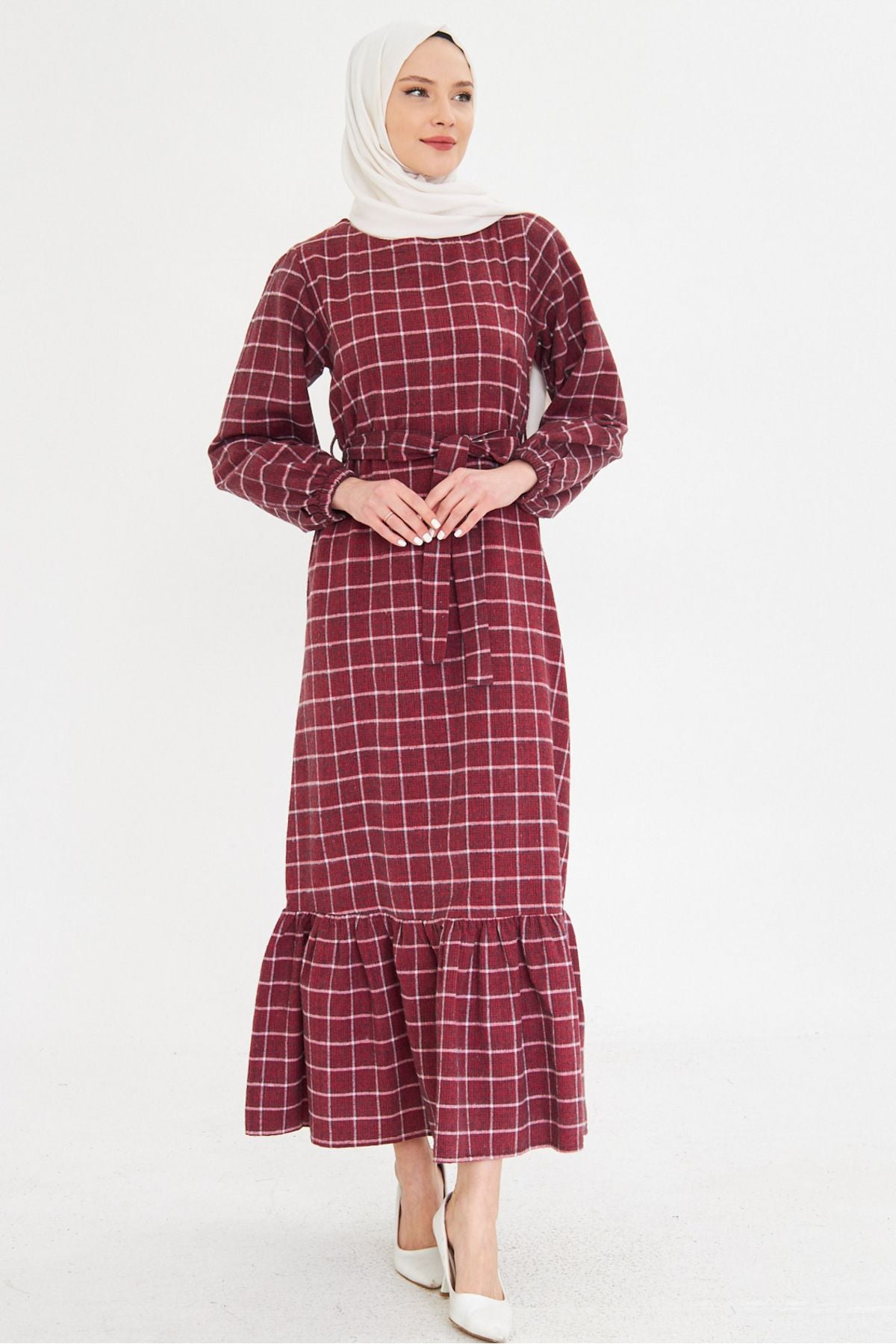 Female Bordeaux Zero Back Back Zipper Skirt Long Hijab Dress with Ruffle Born Arm-25k001102