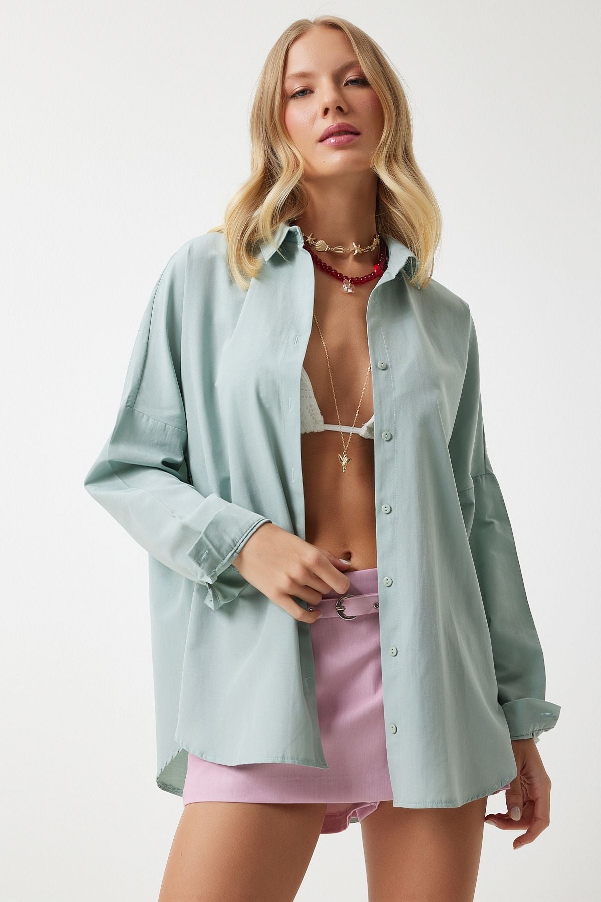 Women's Cagla Green Oversize Long Basic Shirt MX00167