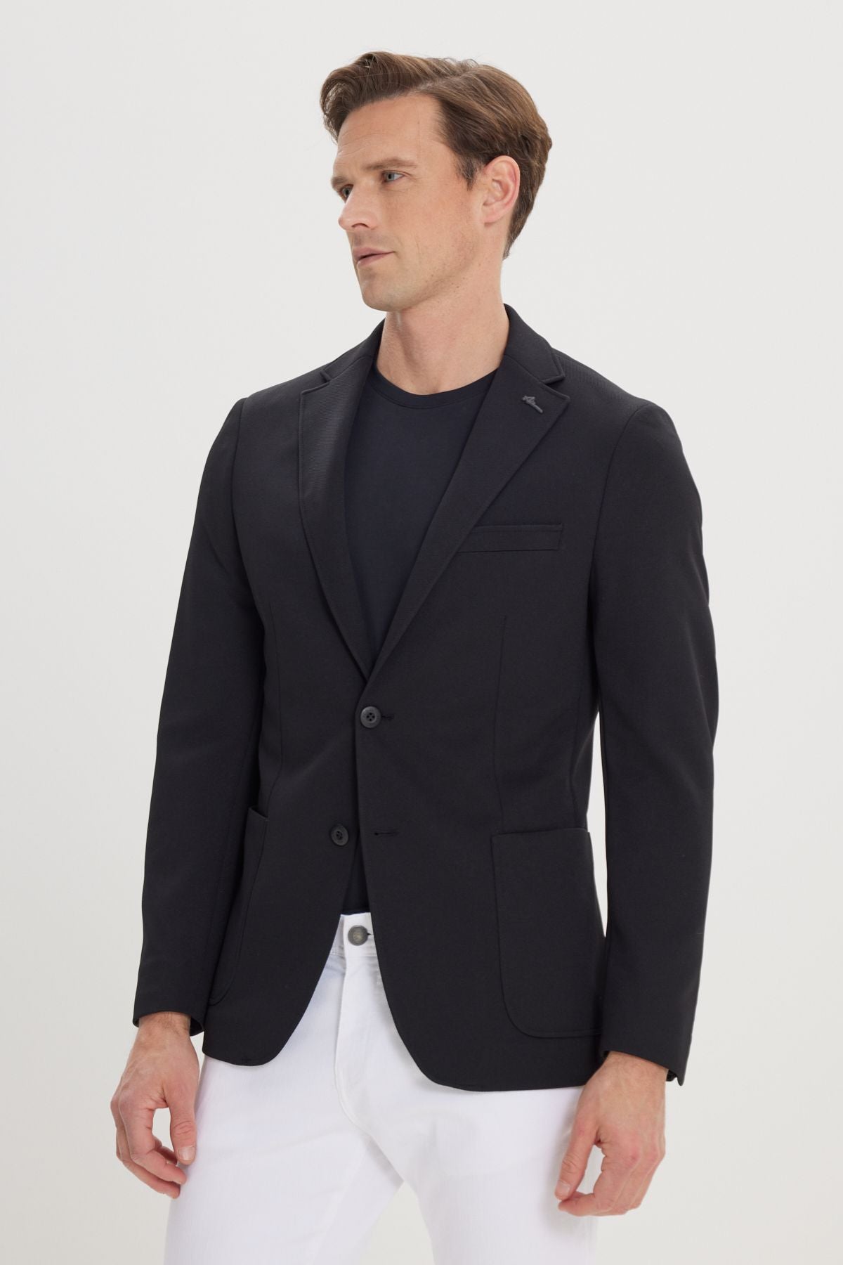 Men's black slim fit narrow cut Mono collar casual blazer jacket