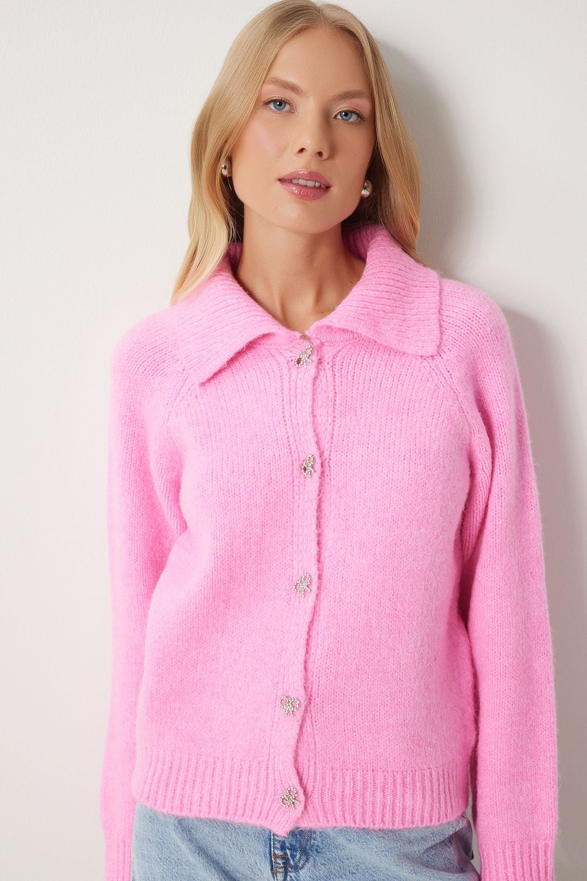 Woman Pink Stylish Bow Stone Button Polo Yaka Cardigan PF00094