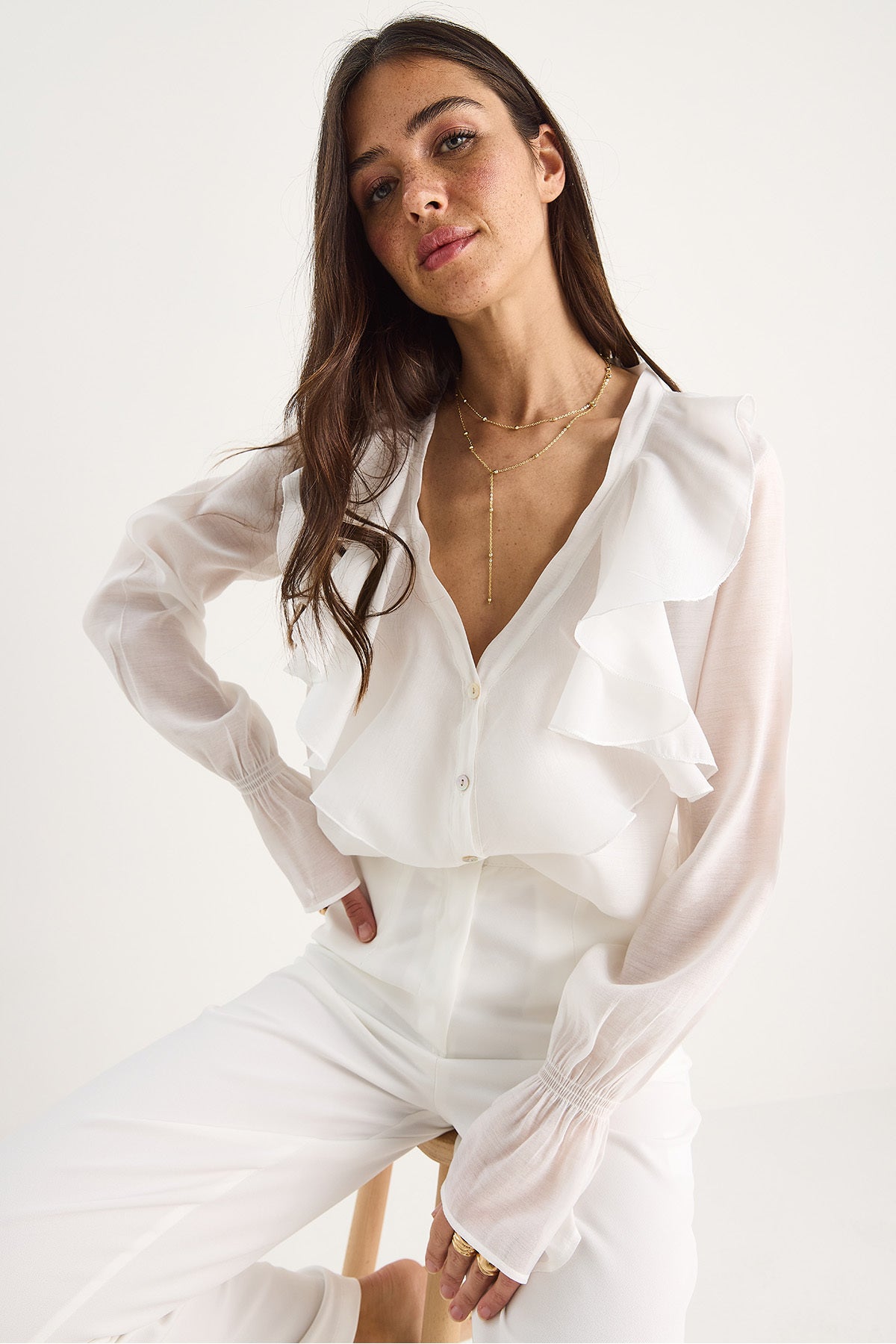 Women's Stylish Shirt with Ruffled Collar and Gathered Sleeves 60283413