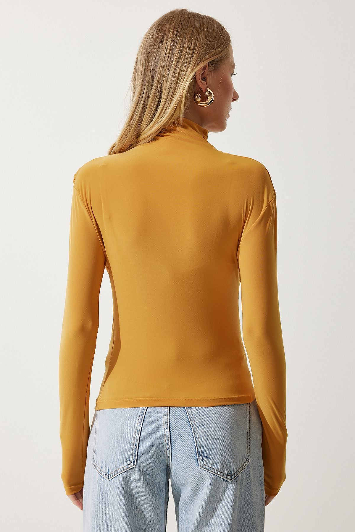 Female mustard shirring detailed upright collar sandy blouse FF00135