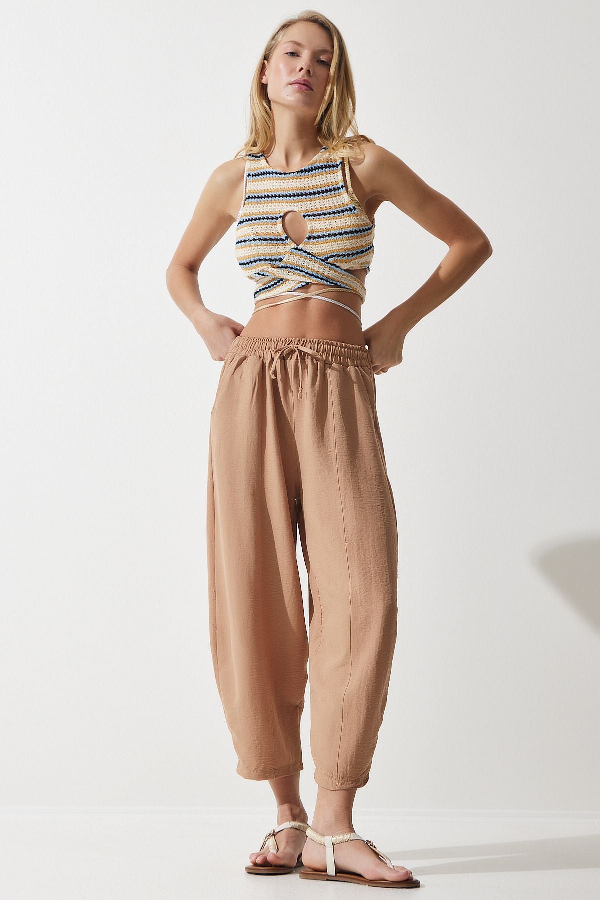 Female Dark Beige Pocket Linen Viscose Shalwar Pants CV00001