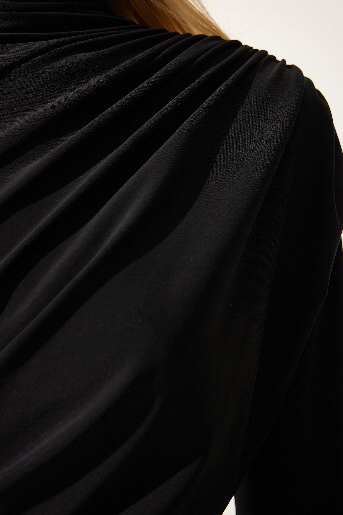 Female black shirring detailed upright collar sandy blouse FF00135