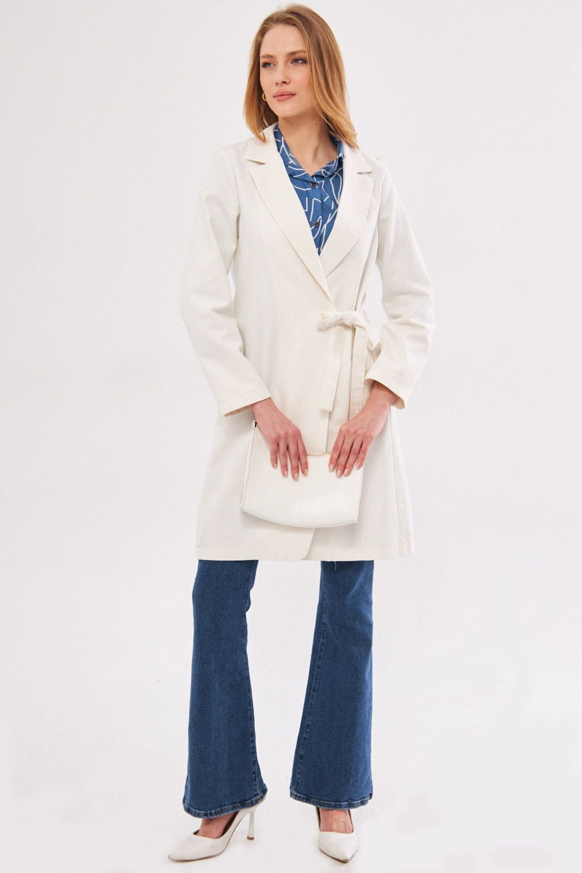 Woman Ekru Side Ties Long Coat ARM-24Y001019