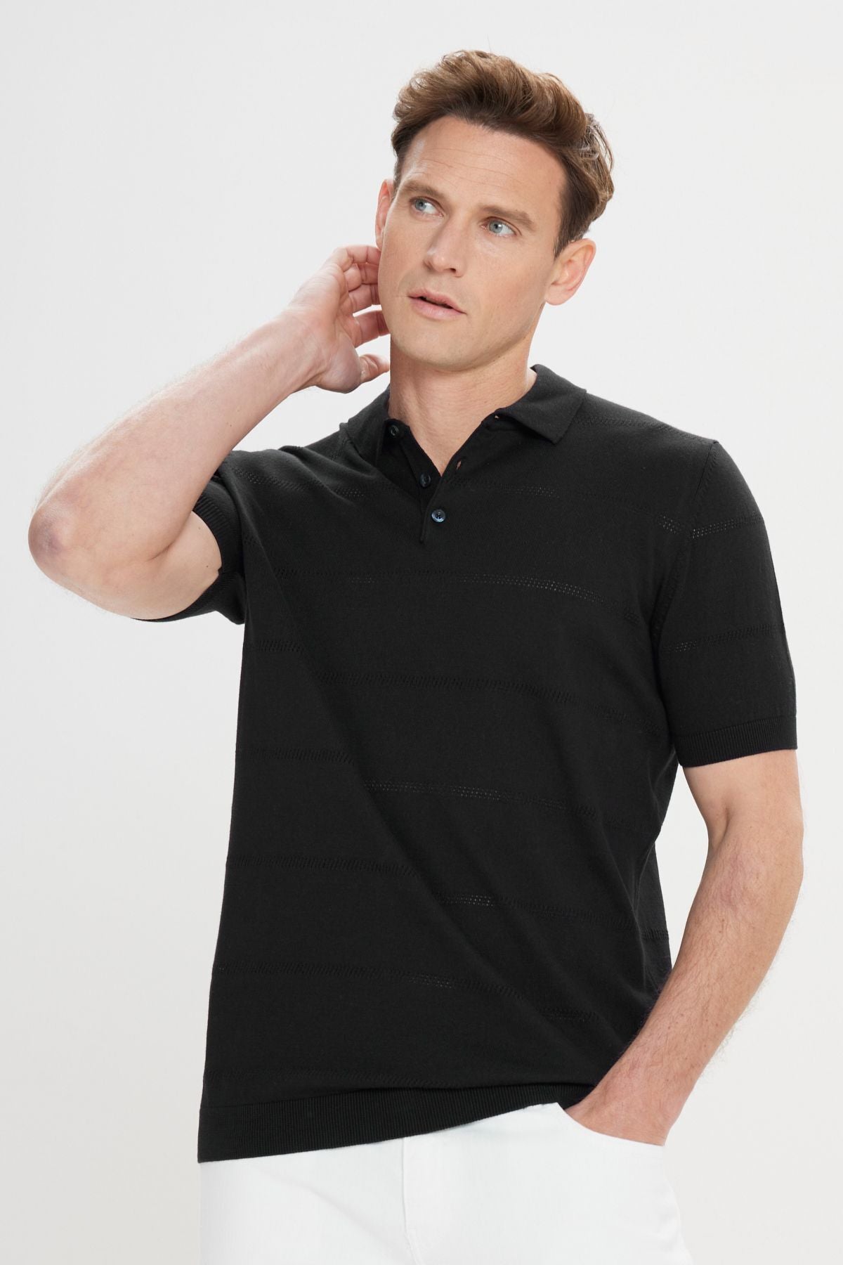 Men's Black Standard Fit Normal Cutting 100 %Cotton Jacquari Polo Yaka Triko T -shirt