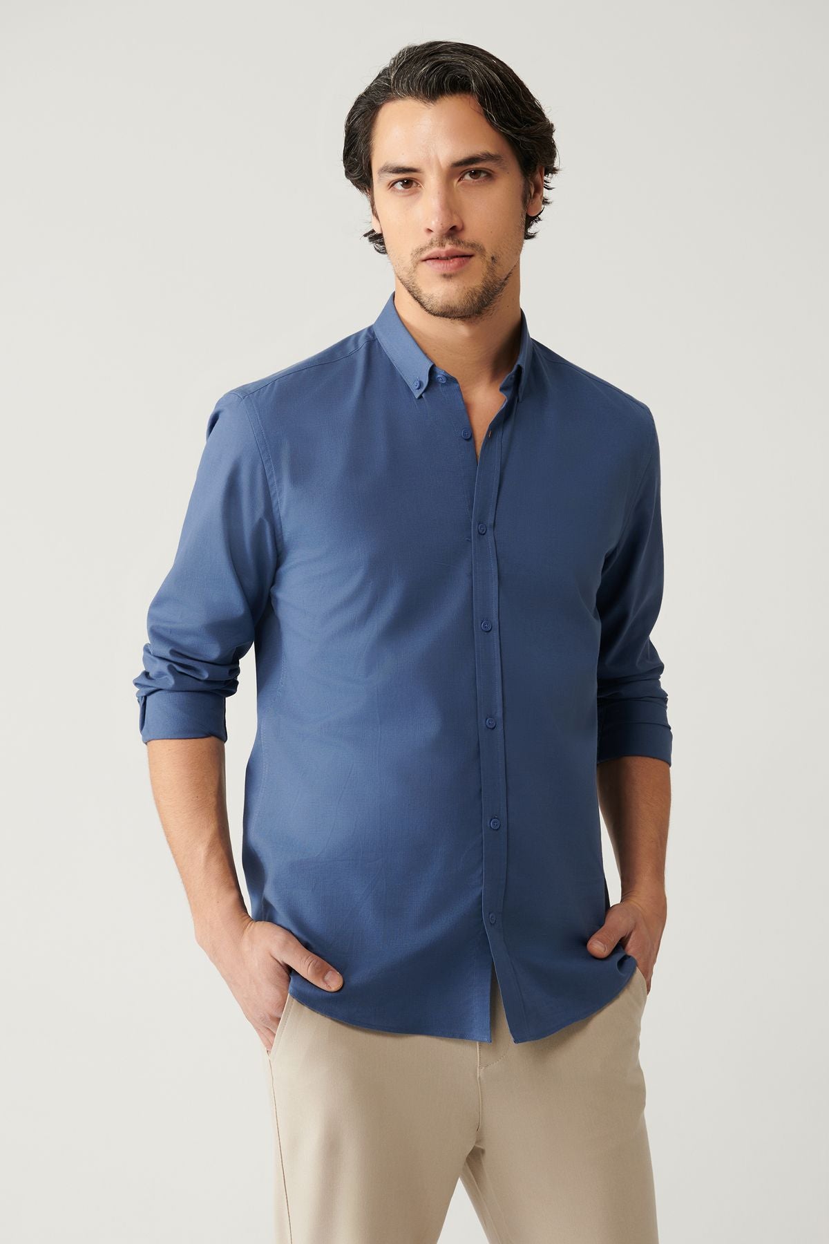 Men's Indigo buttoned collar 100 %cotton linen textured shirt E002141